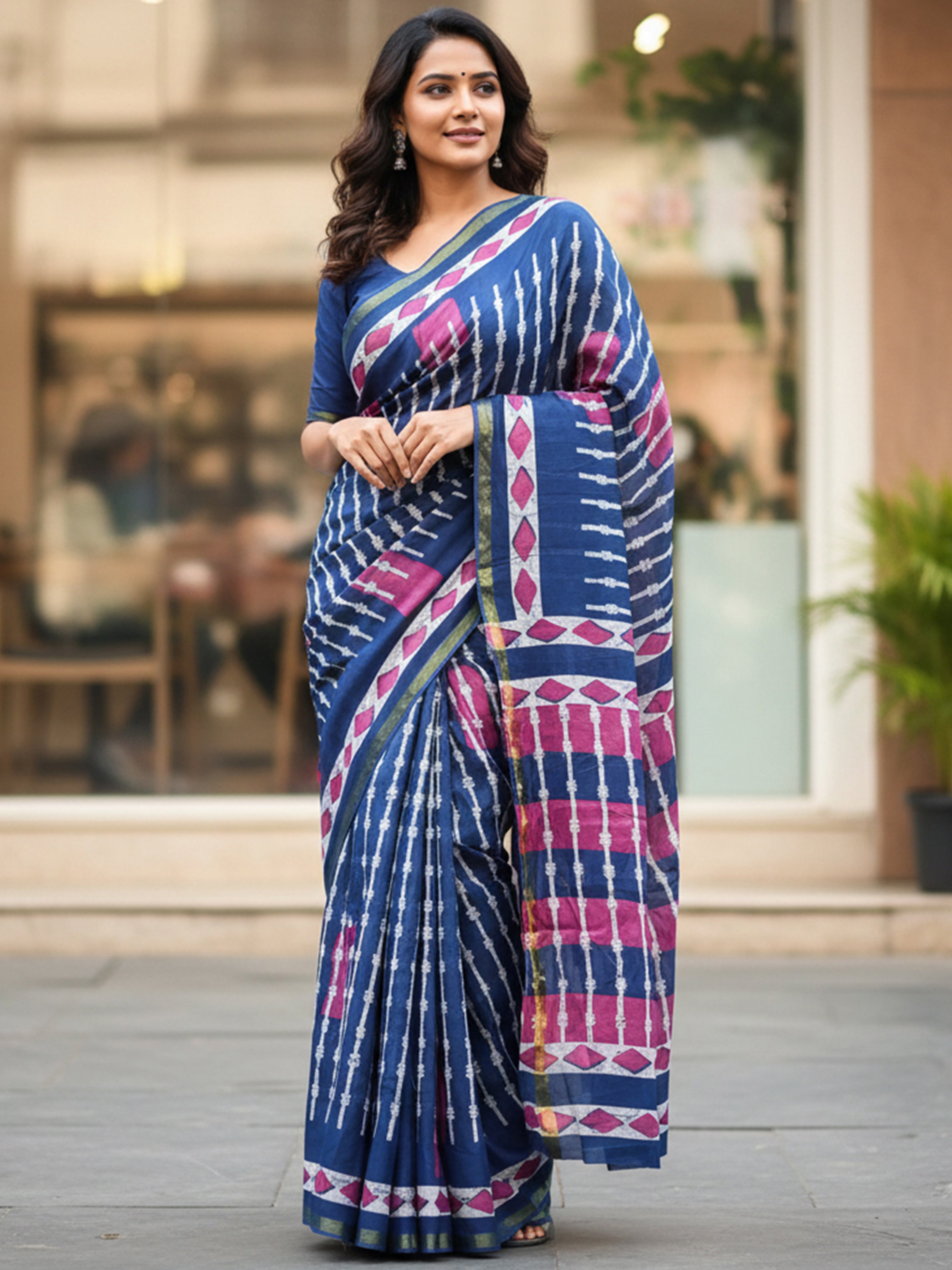 Soft MulCotton Ikkat Printed Saree with Contrast Geometric Pallu & Zari Border