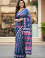 Soft MulCotton Ikkat Printed Saree with Contrast Geometric Pallu & Zari Border