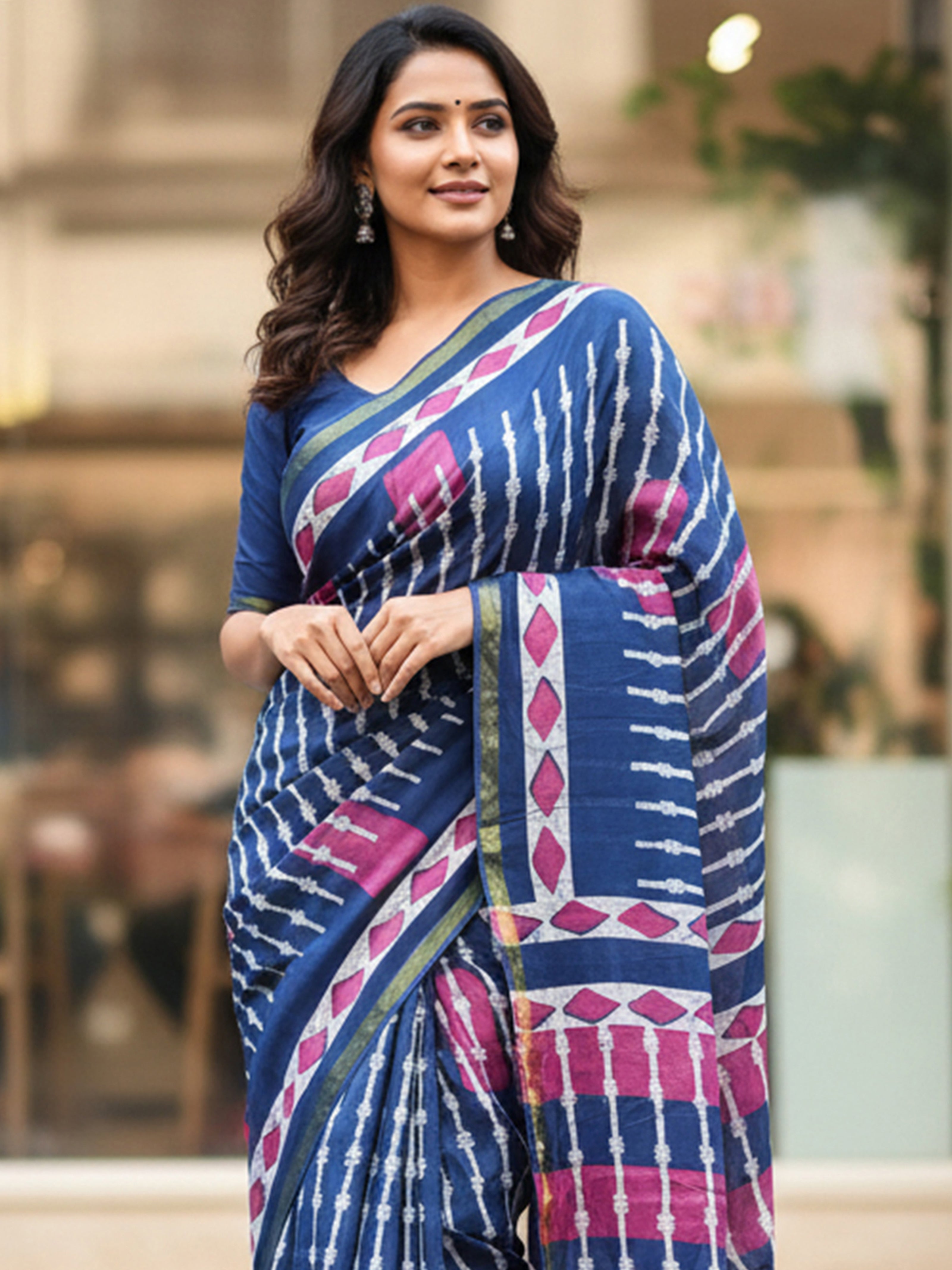 Soft MulCotton Ikkat Printed Saree with Contrast Geometric Pallu & Zari Border