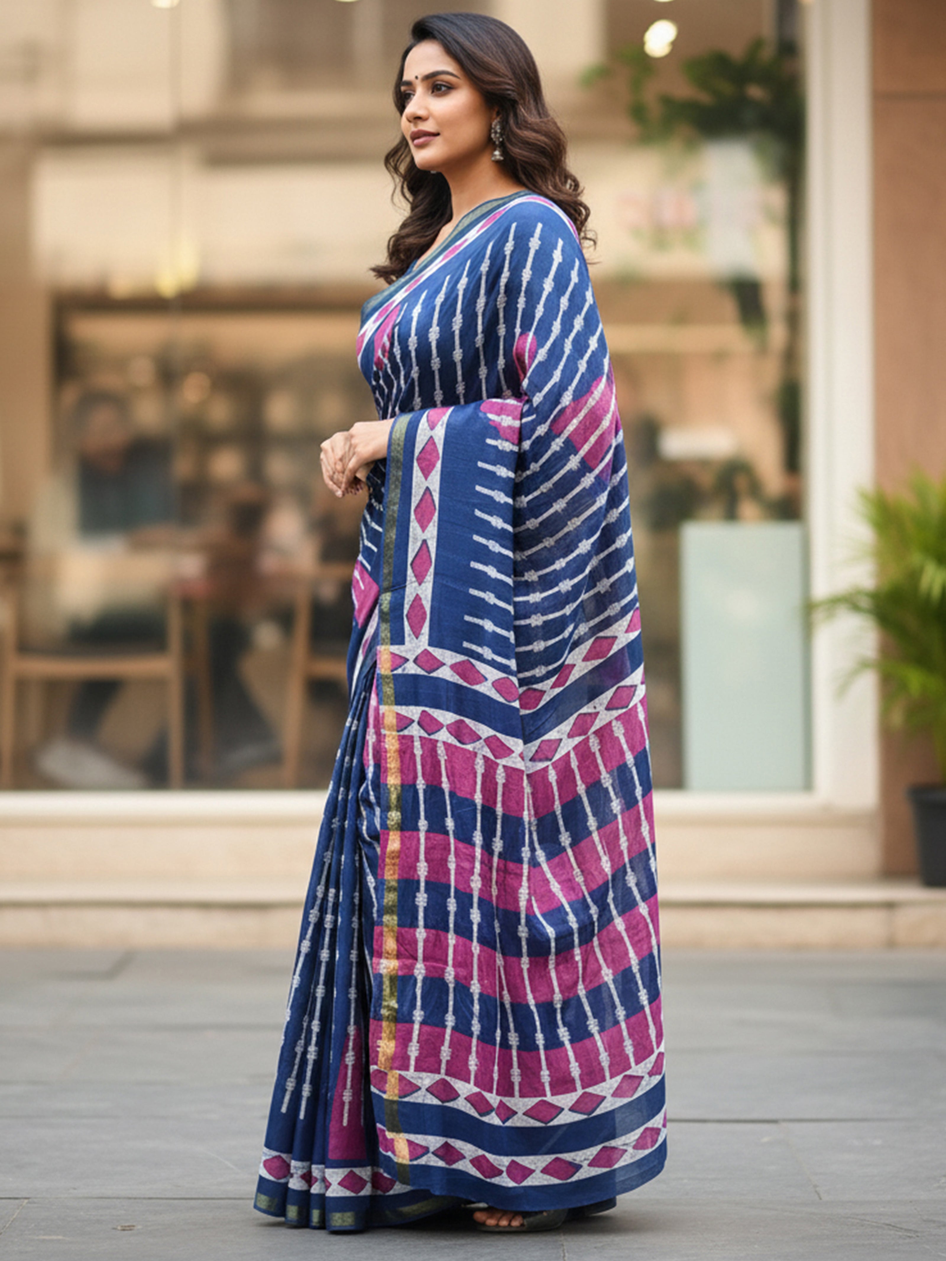 Soft MulCotton Ikkat Printed Saree with Contrast Geometric Pallu & Zari Border