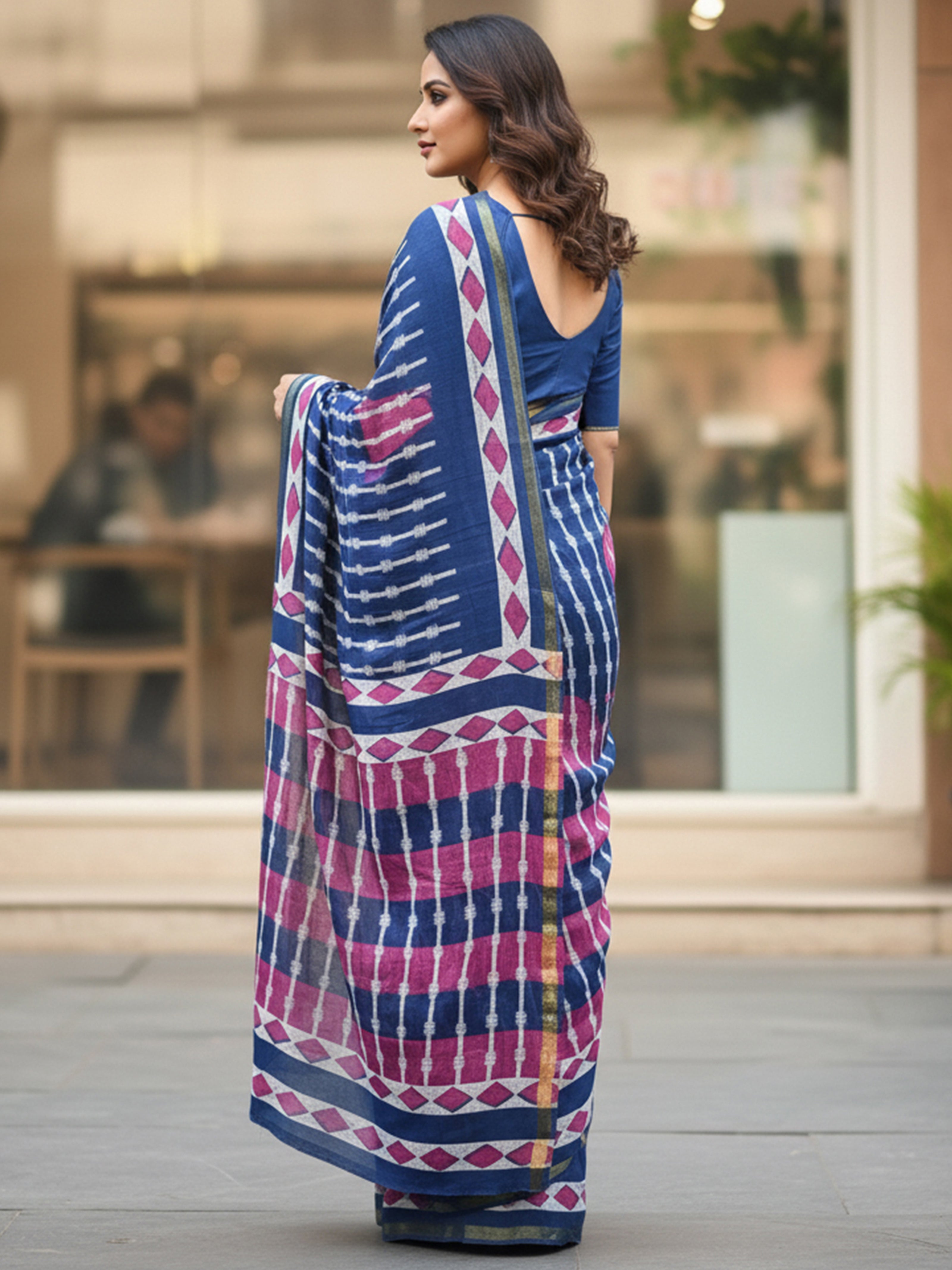 Soft MulCotton Ikkat Printed Saree with Contrast Geometric Pallu & Zari Border