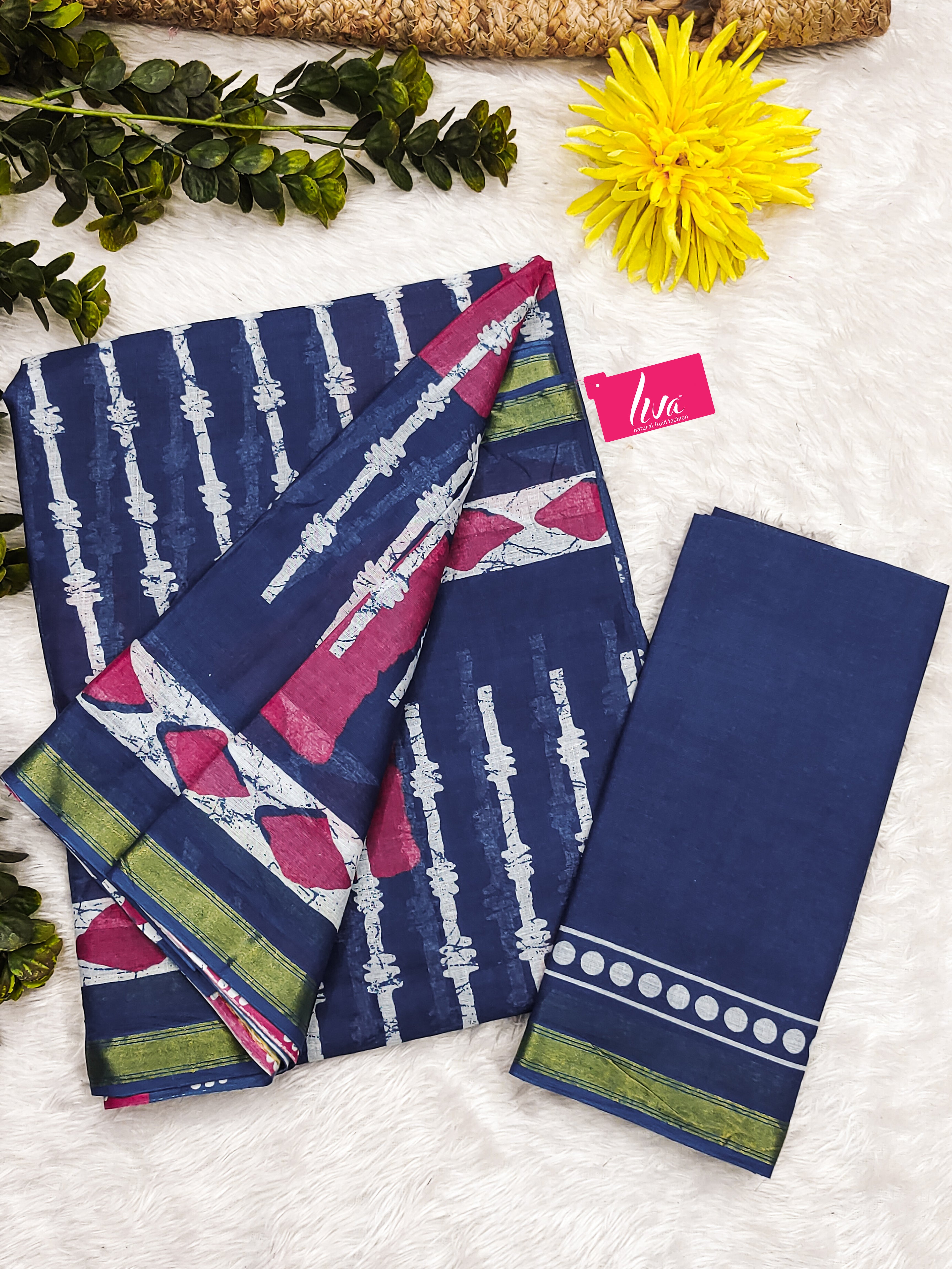 Soft MulCotton Ikkat Printed Saree with Contrast Geometric Pallu & Zari Border