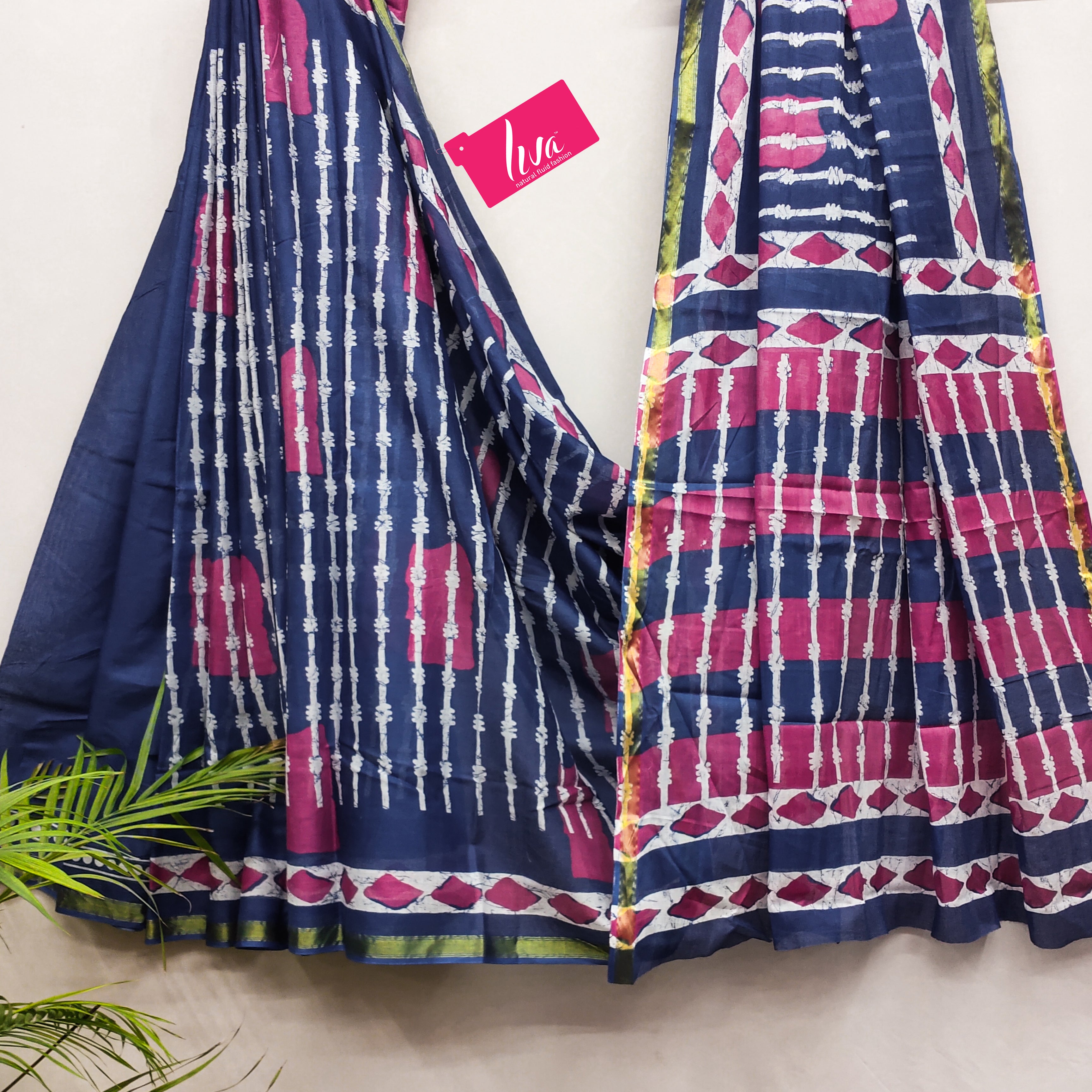 Soft MulCotton Ikkat Printed Saree with Contrast Geometric Pallu & Zari Border