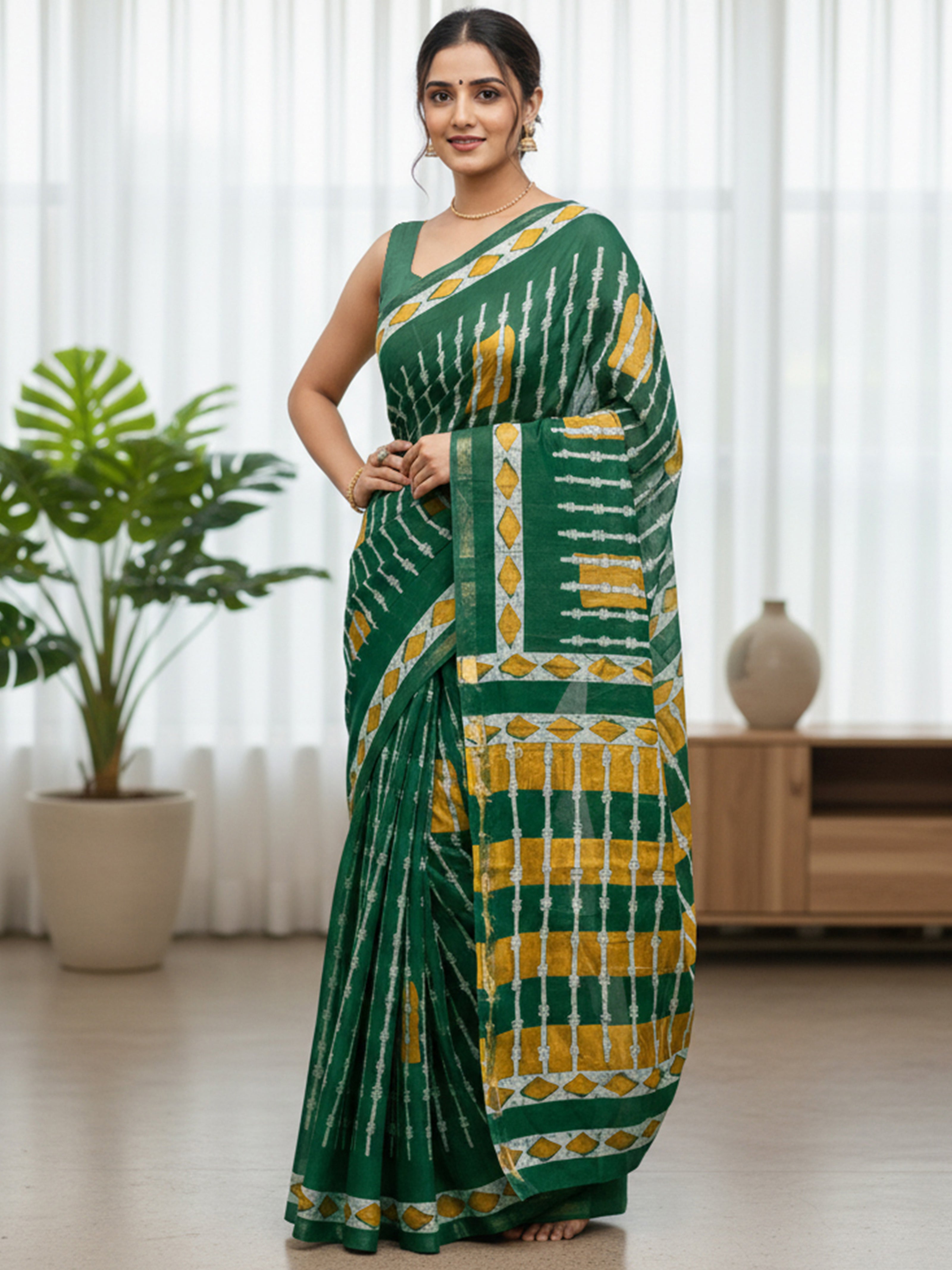 Soft MulCotton Ikkat Printed Saree with Contrast Geometric Pallu & Zari Border green