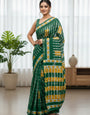 Soft MulCotton Ikkat Printed Saree with Contrast Geometric Pallu & Zari Border green