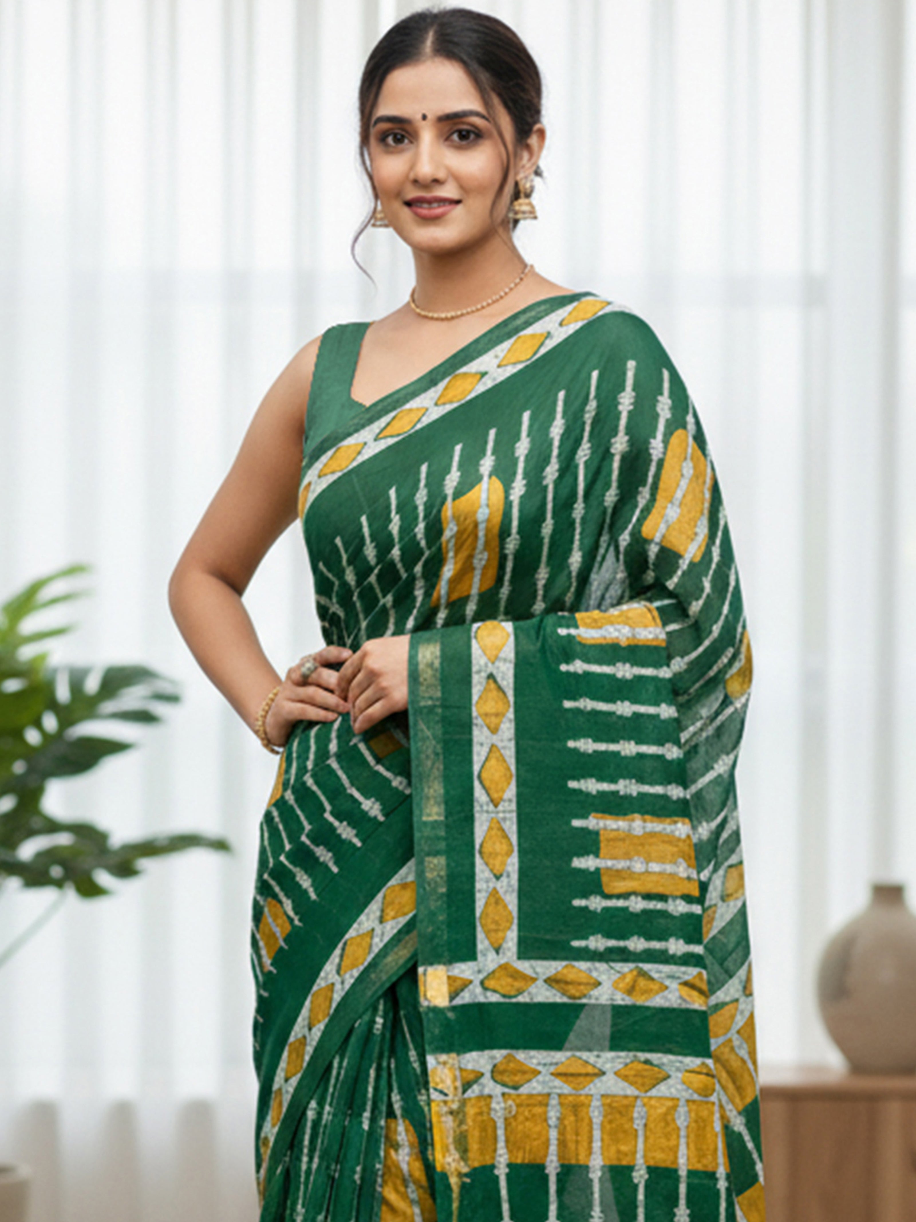 Soft MulCotton Ikkat Printed Saree with Contrast Geometric Pallu & Zari Border green
