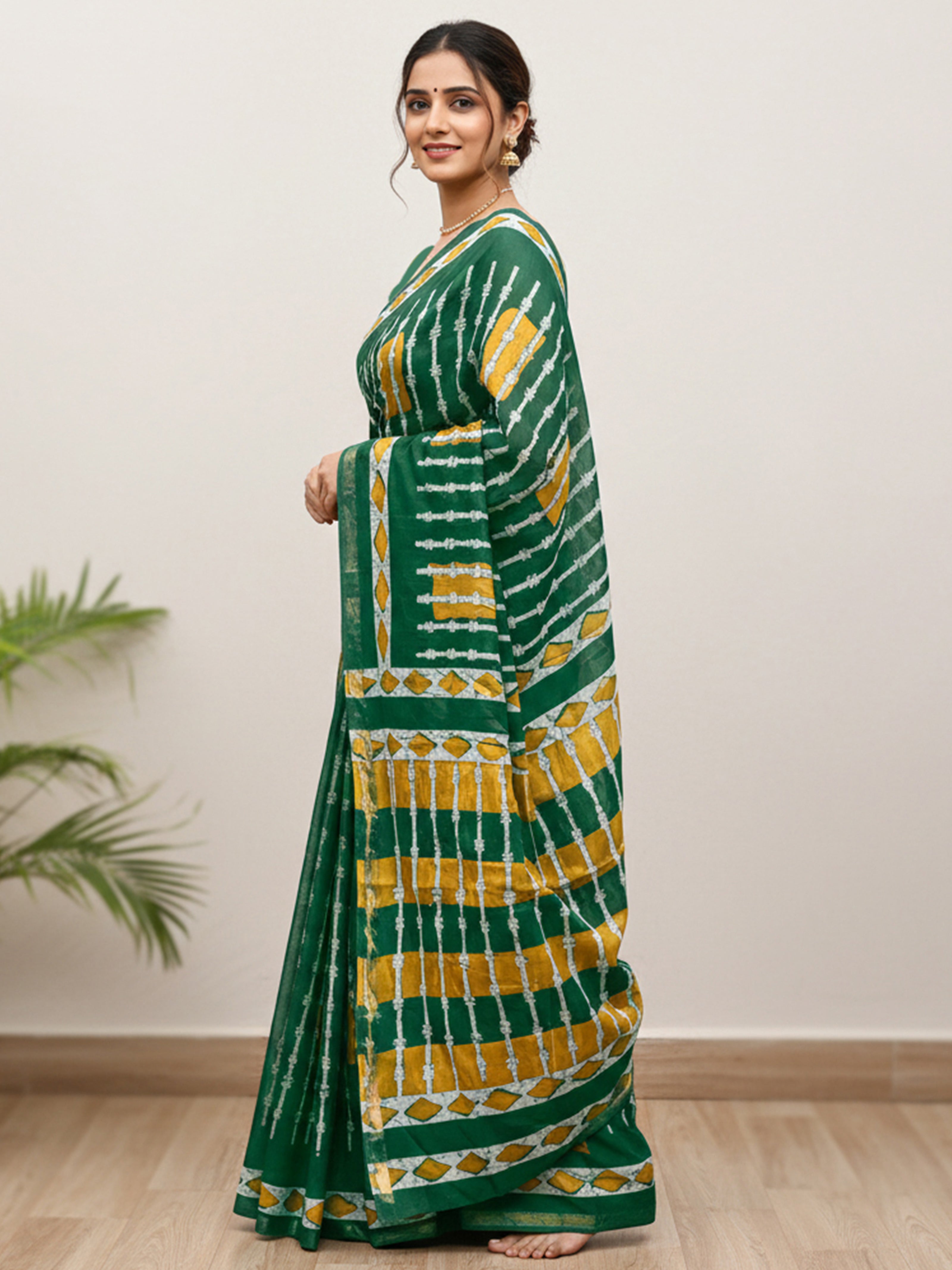 Soft MulCotton Ikkat Printed Saree with Contrast Geometric Pallu & Zari Border green