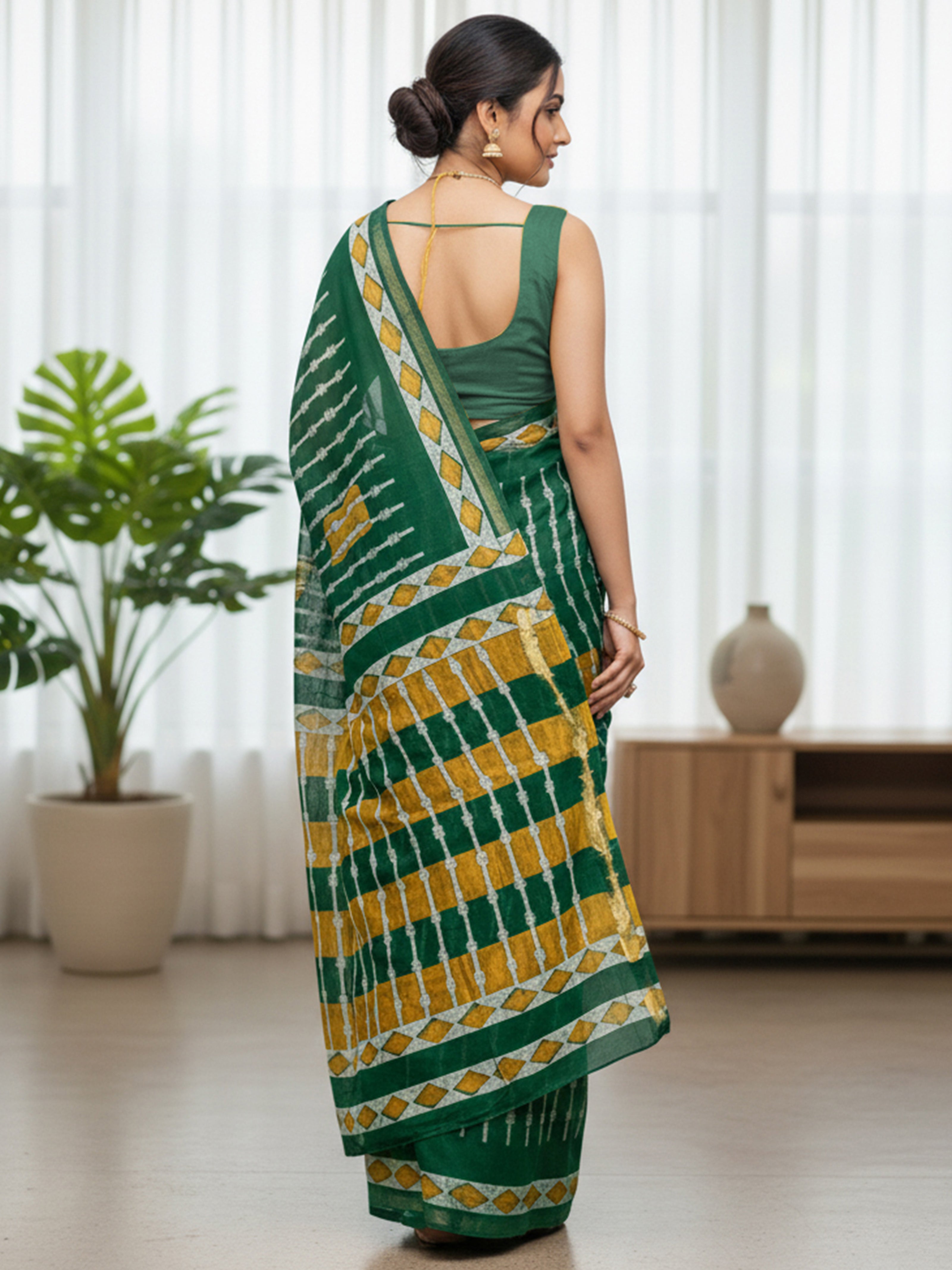 Soft MulCotton Ikkat Printed Saree with Contrast Geometric Pallu & Zari Border green
