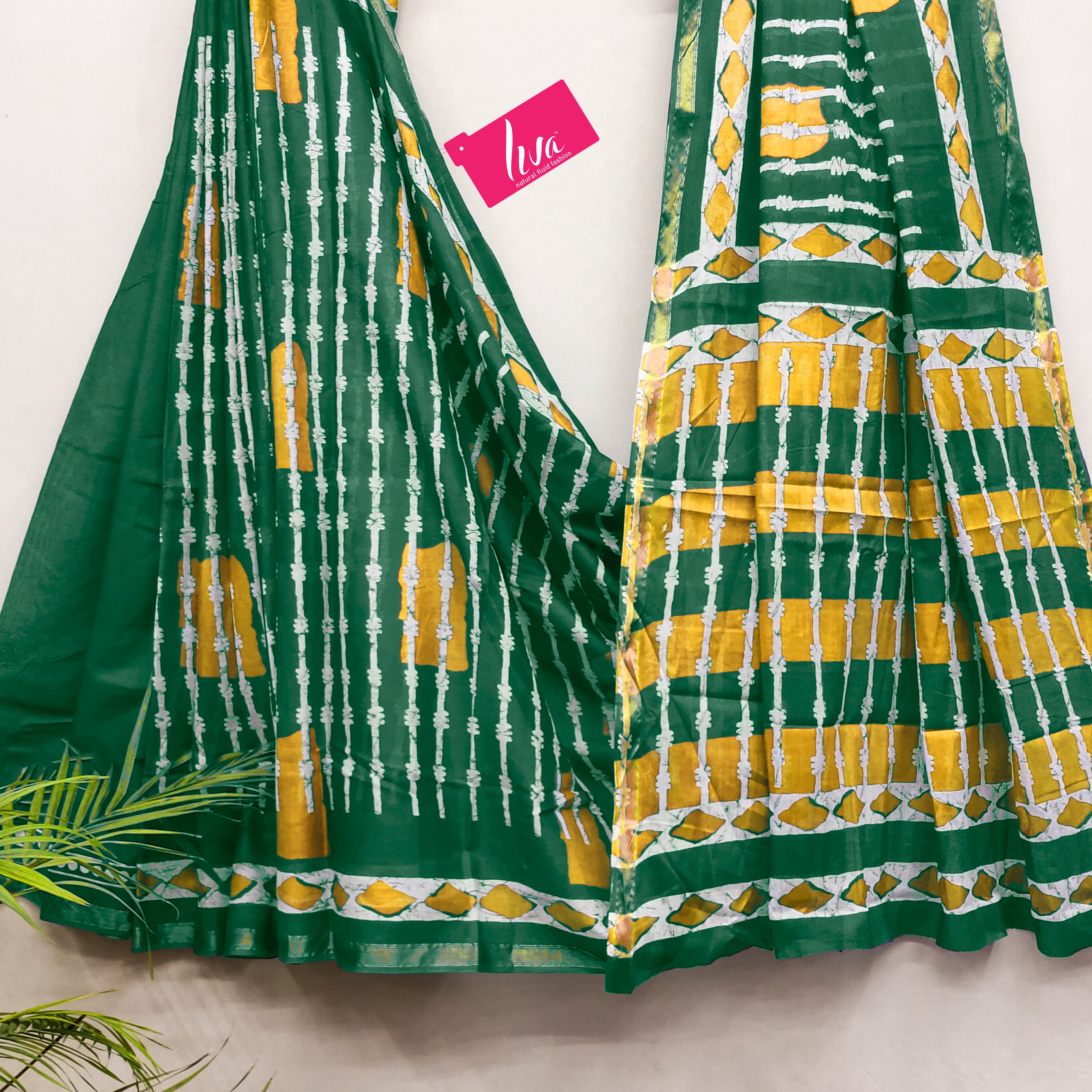 Soft MulCotton Ikkat Printed Saree with Contrast Geometric Pallu & Zari Border green