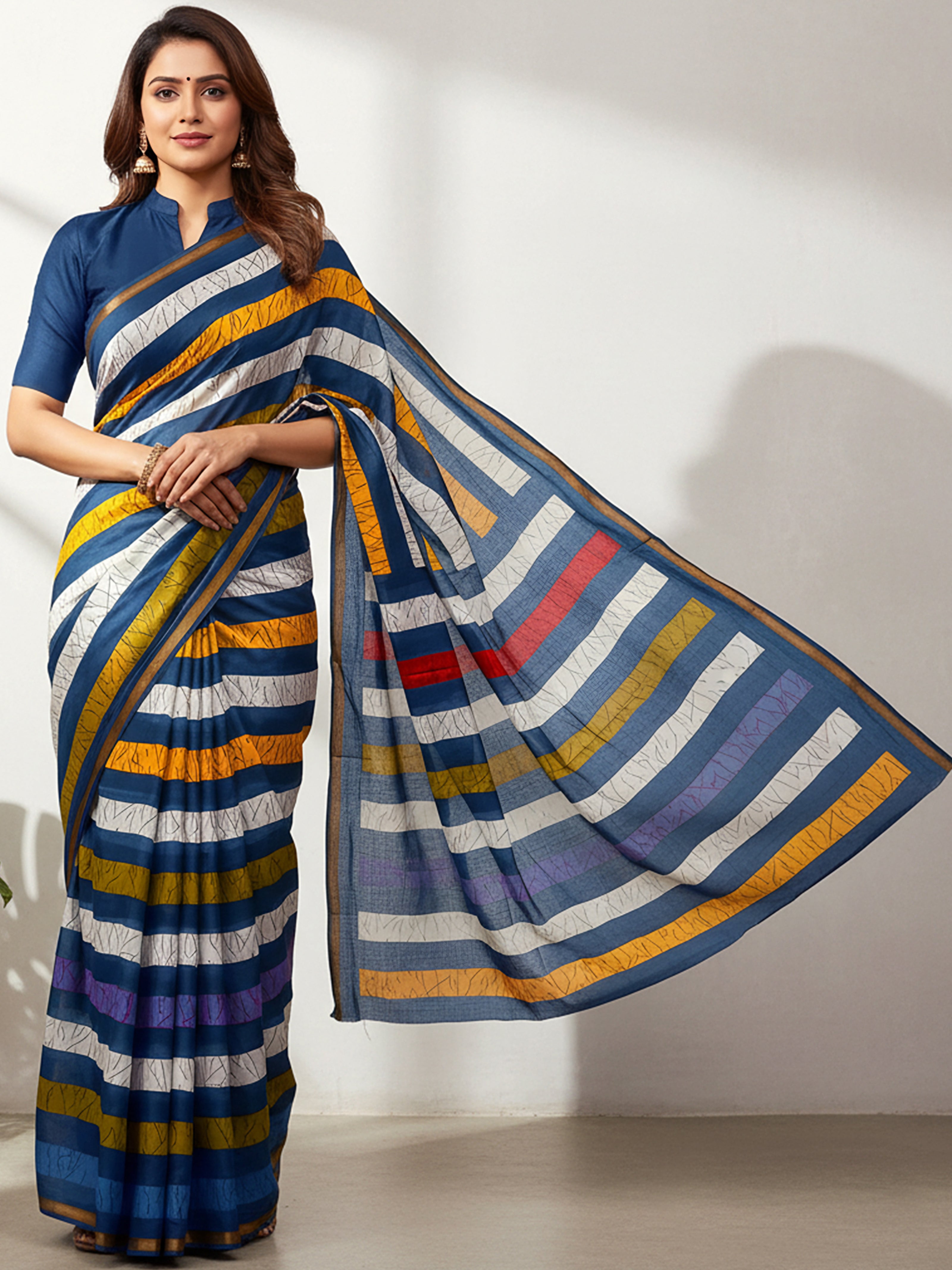 Soft Mul Cotton Multi-Stripe Printed Saree with Stylish Contrast Pallu & Zari Border