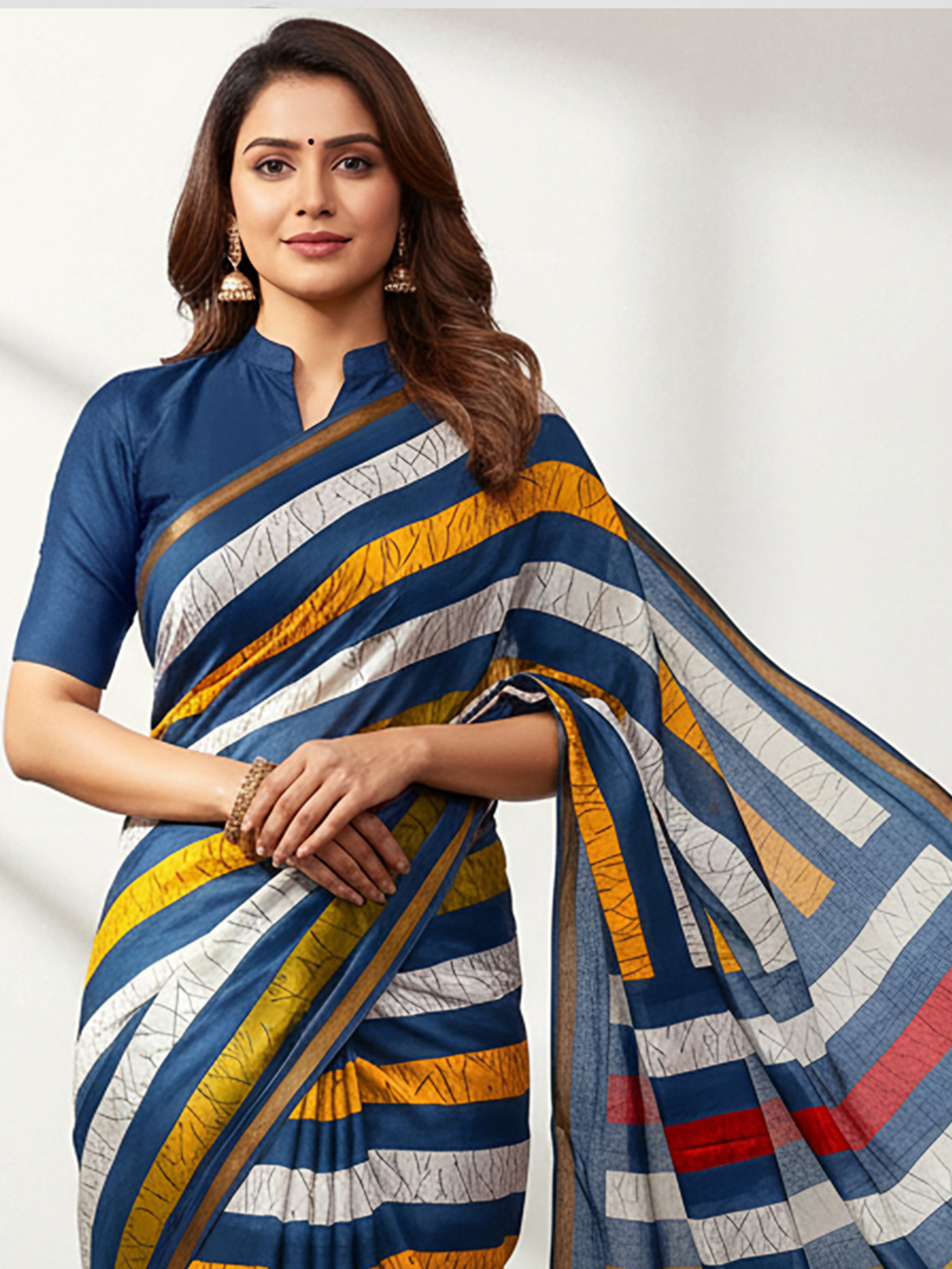 Soft Mul Cotton Multi-Stripe Printed Saree with Stylish Contrast Pallu & Zari Border