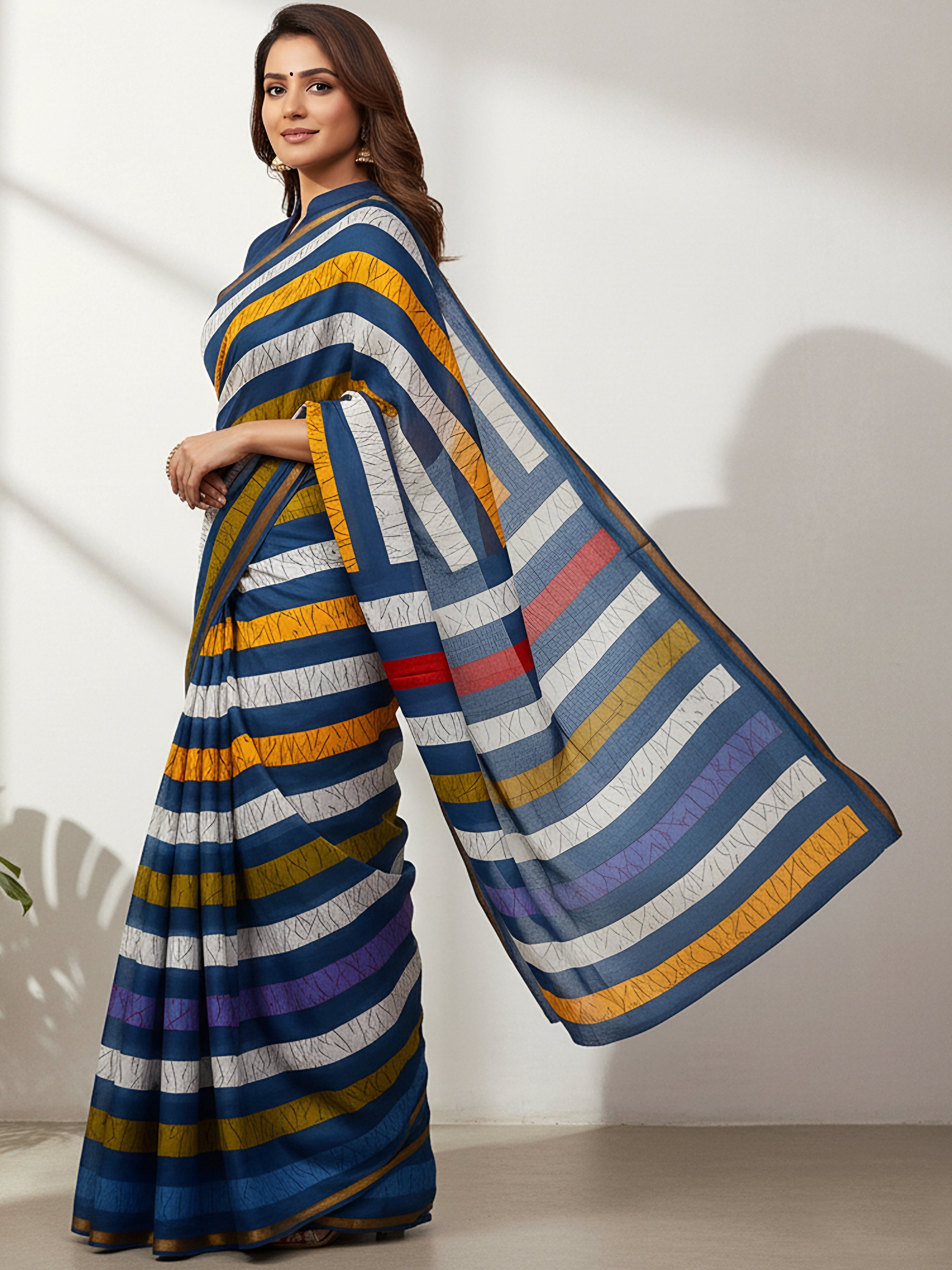 Soft Mul Cotton Multi-Stripe Printed Saree with Stylish Contrast Pallu & Zari Border