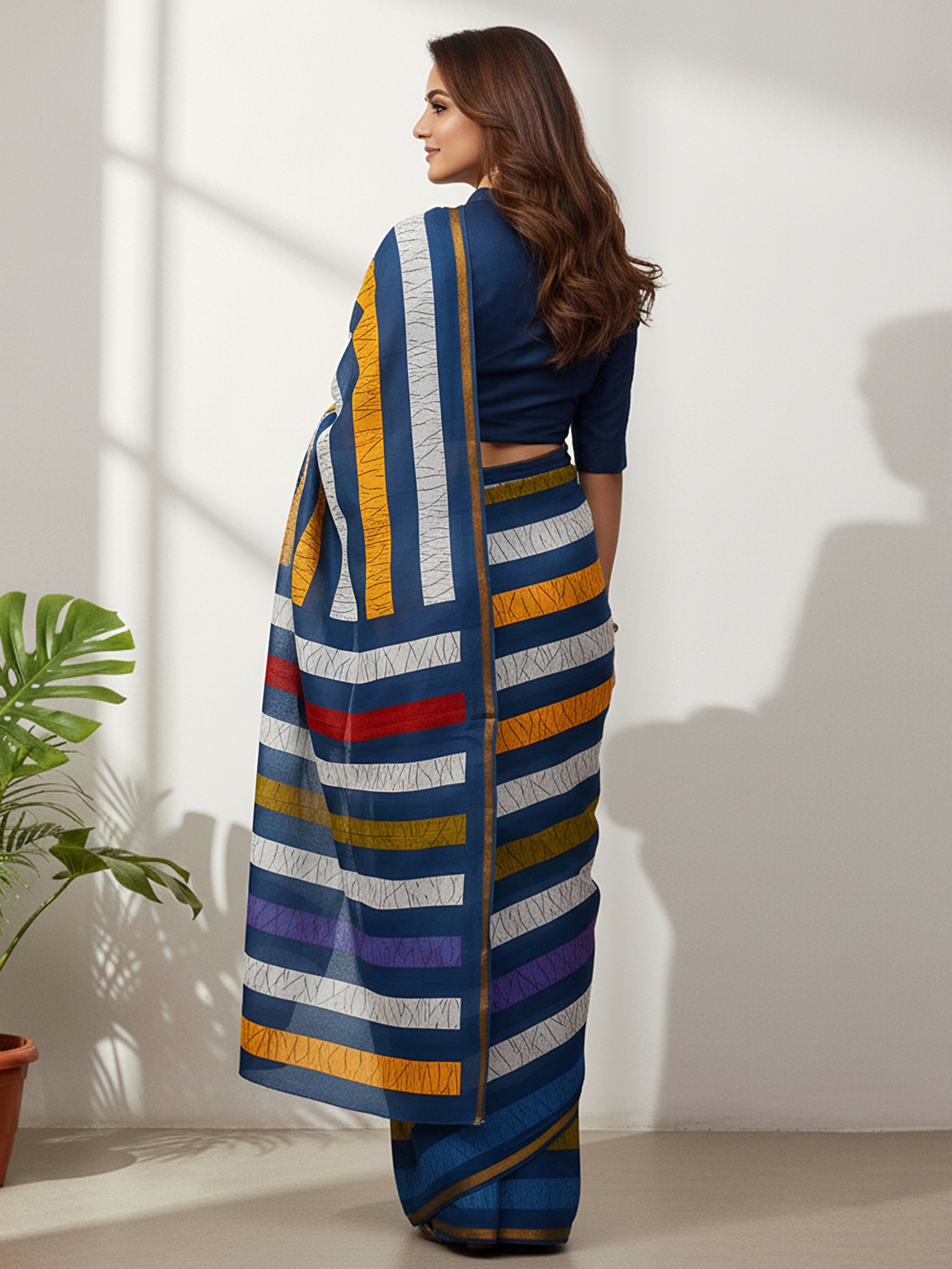 Soft Mul Cotton Multi-Stripe Printed Saree with Stylish Contrast Pallu & Zari Border