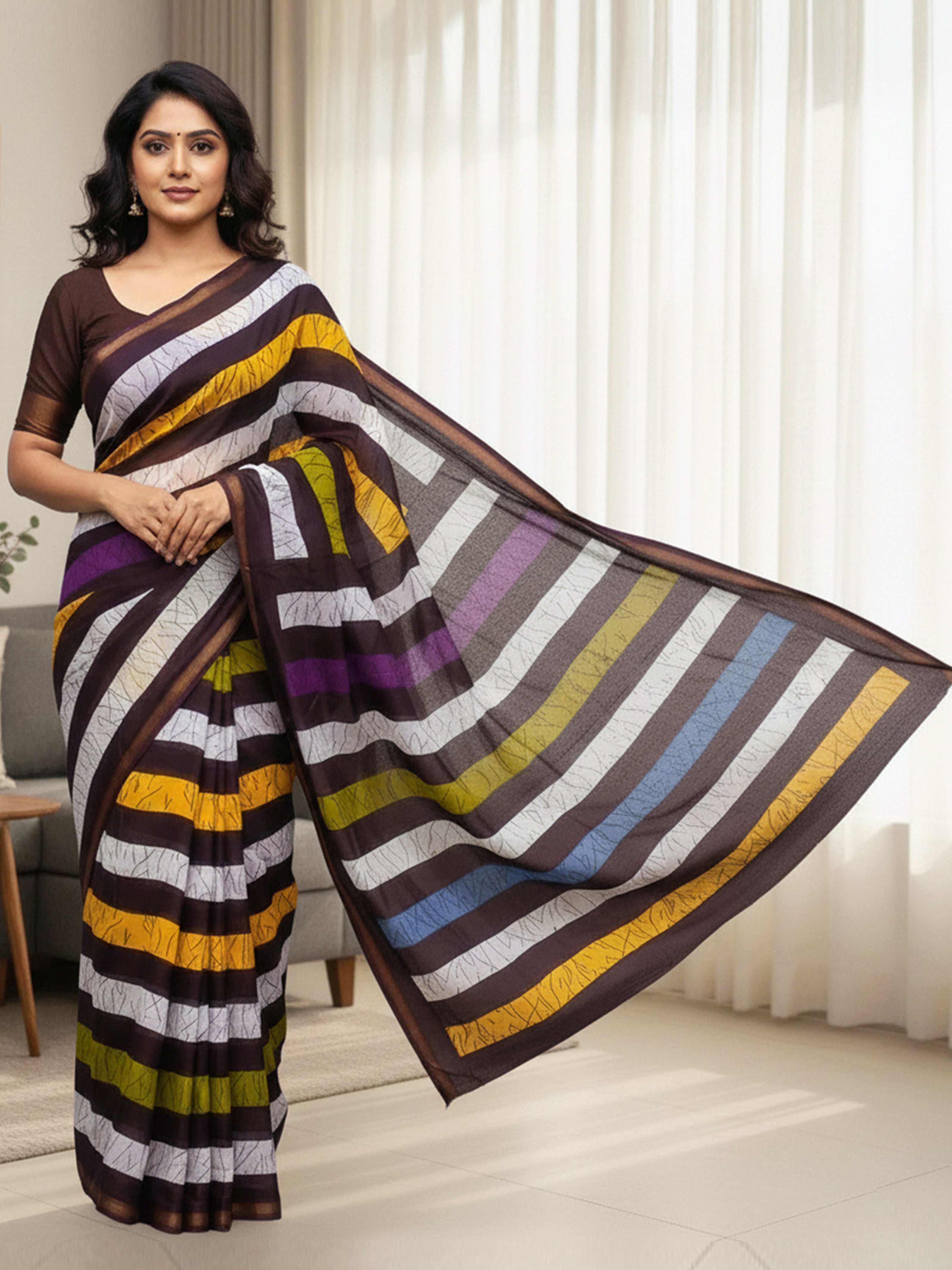 Soft Mul Cotton Multi-Stripe Printed Saree with Stylish Contrast Pallu & Zari Border brown
