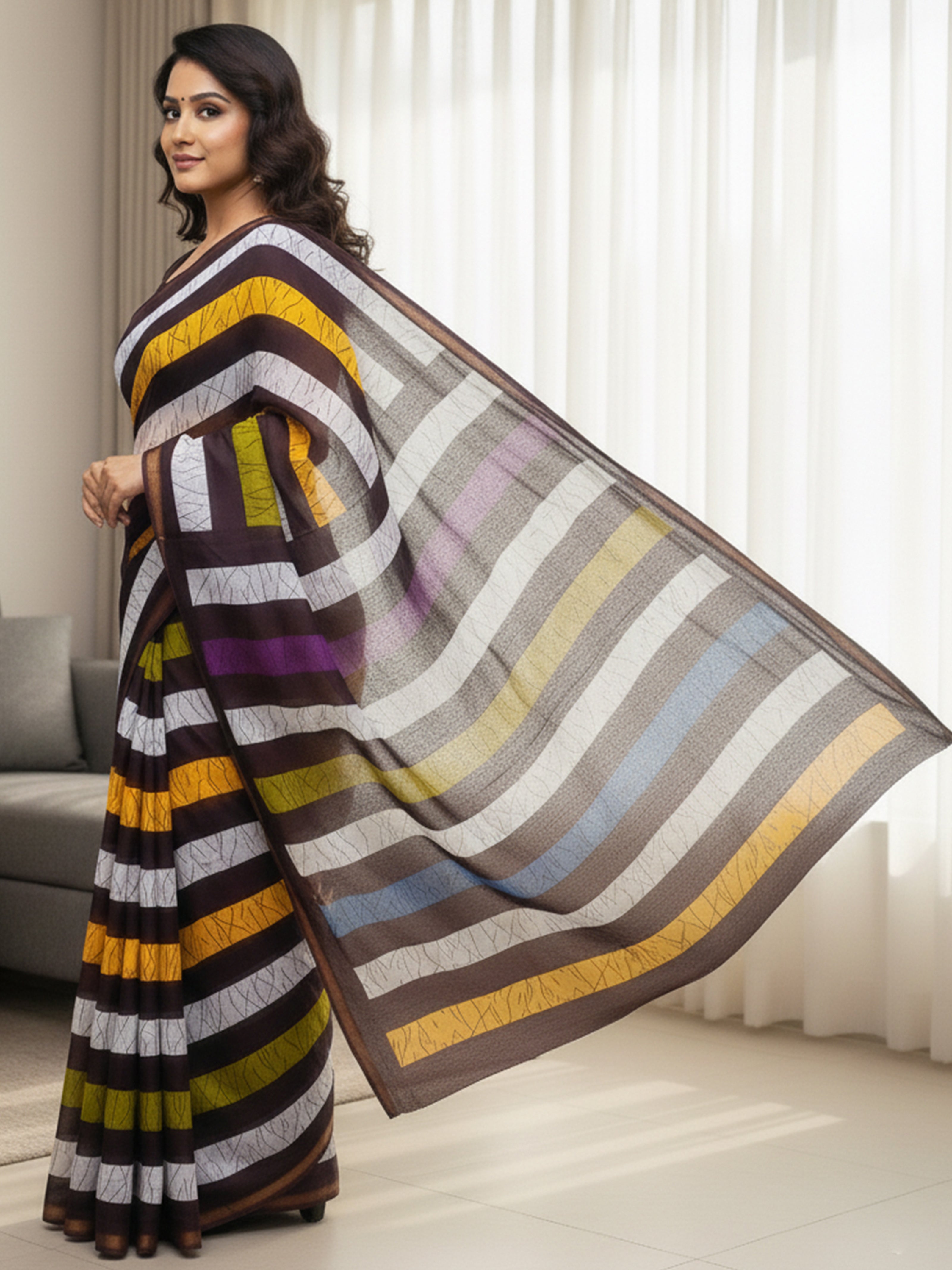 Soft Mul Cotton Multi-Stripe Printed Saree with Stylish Contrast Pallu & Zari Border brown