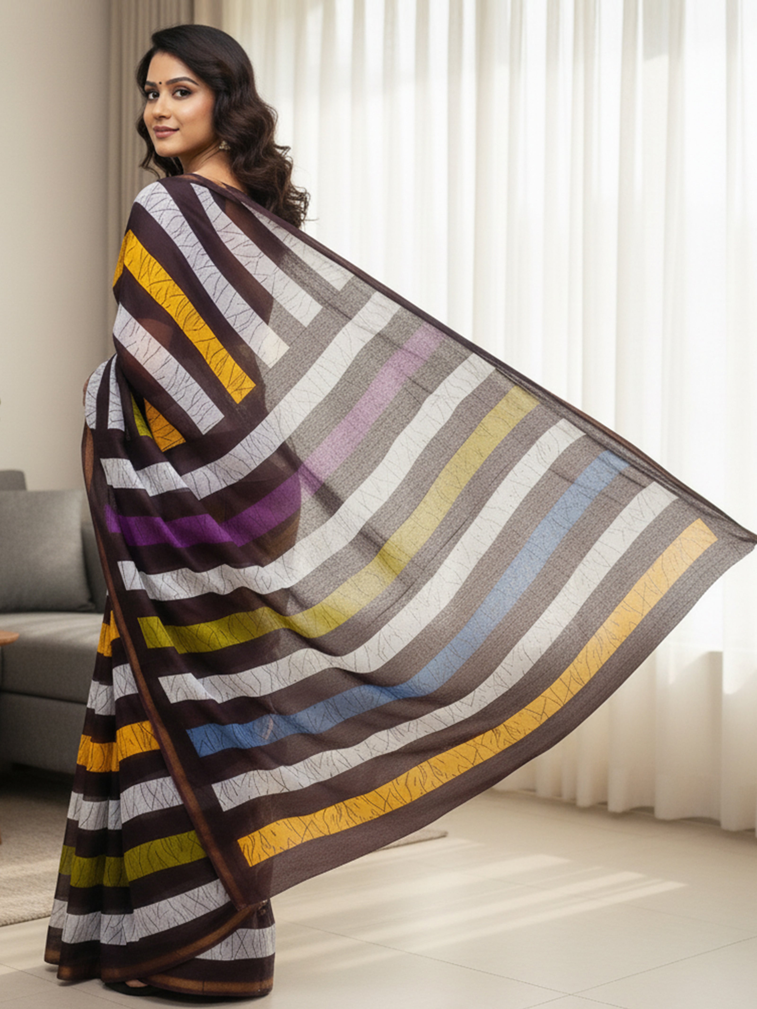 Soft Mul Cotton Multi-Stripe Printed Saree with Stylish Contrast Pallu & Zari Border brown
