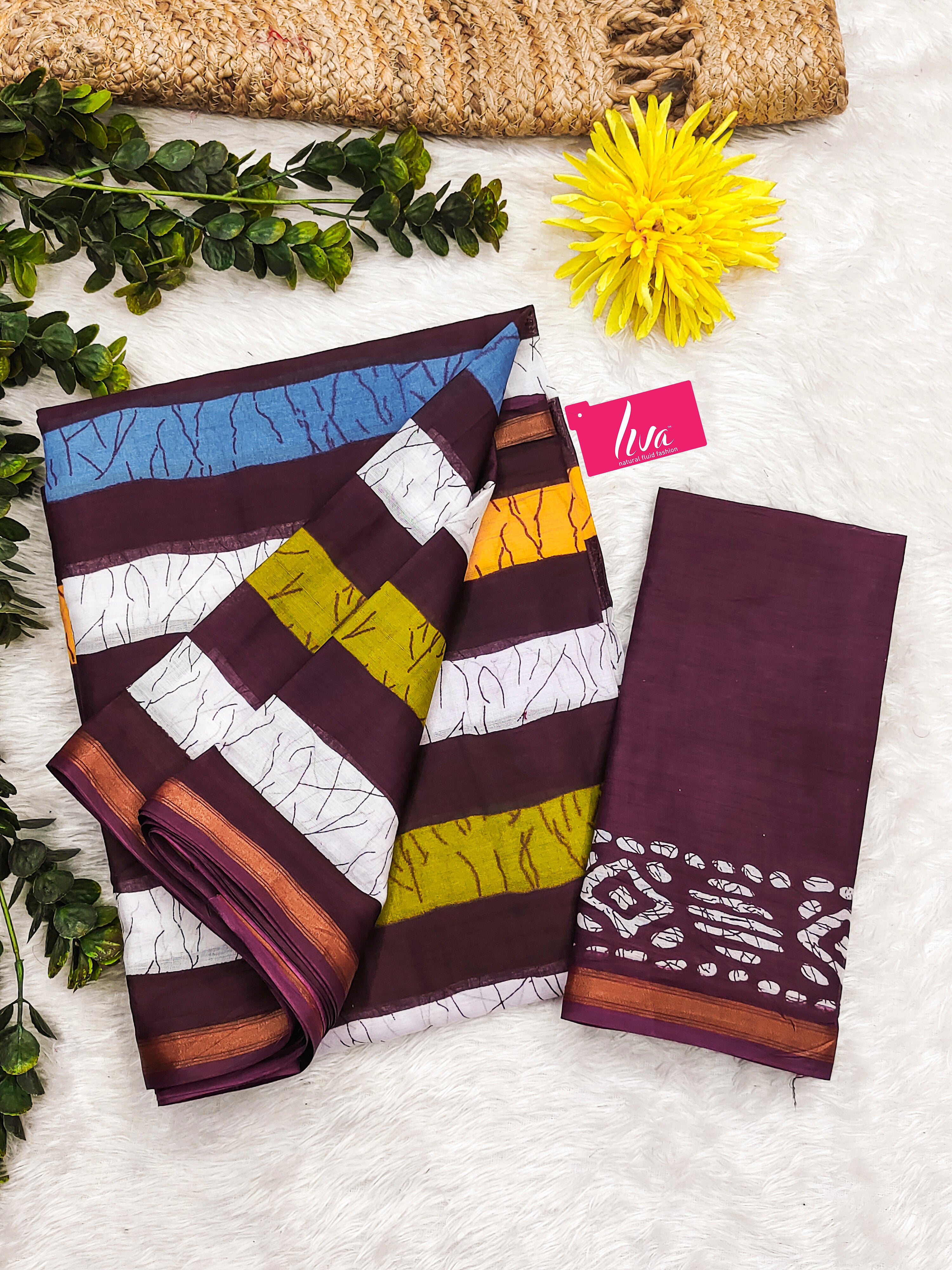 Soft Mul Cotton Multi-Stripe Printed Saree with Stylish Contrast Pallu & Zari Border brown