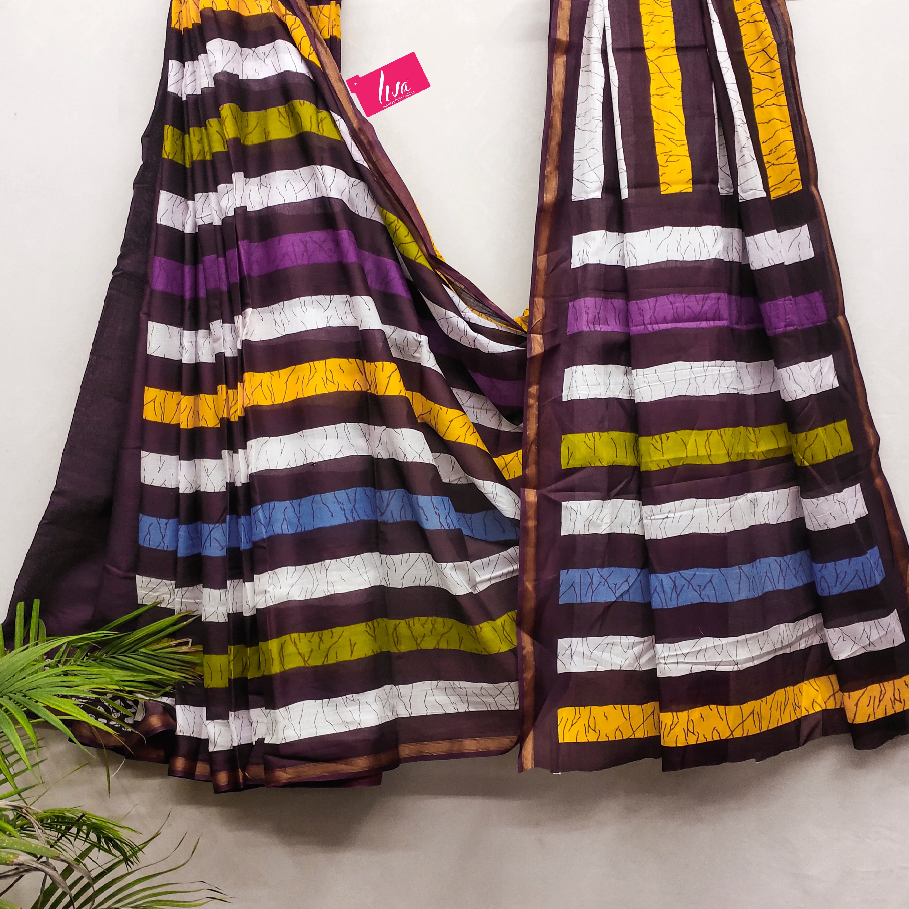 Soft Mul Cotton Multi-Stripe Printed Saree with Stylish Contrast Pallu & Zari Border brown