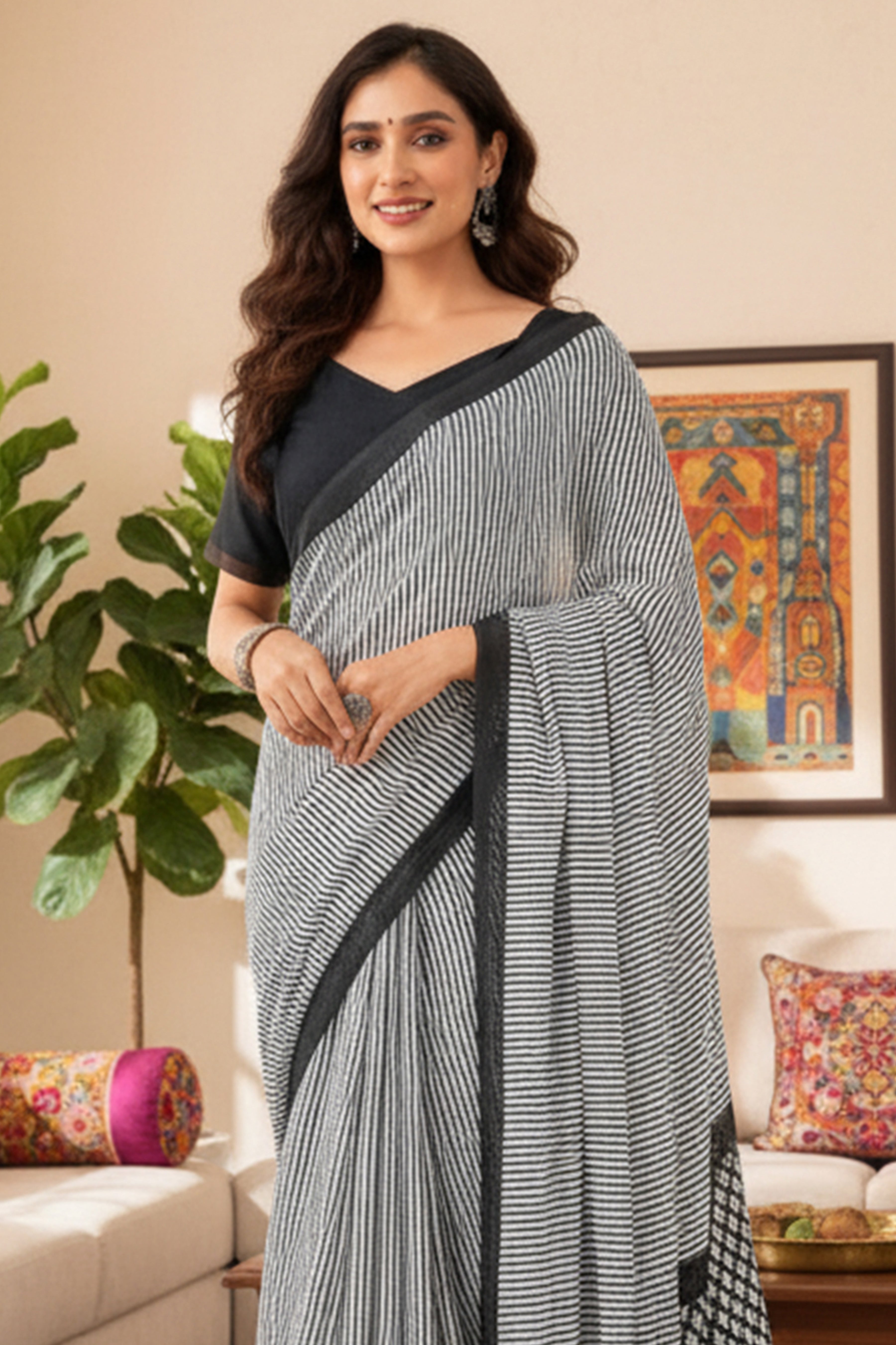 Trending Soft Cotton Printed Saree with Stripe Body & Geometric Designer Pallu