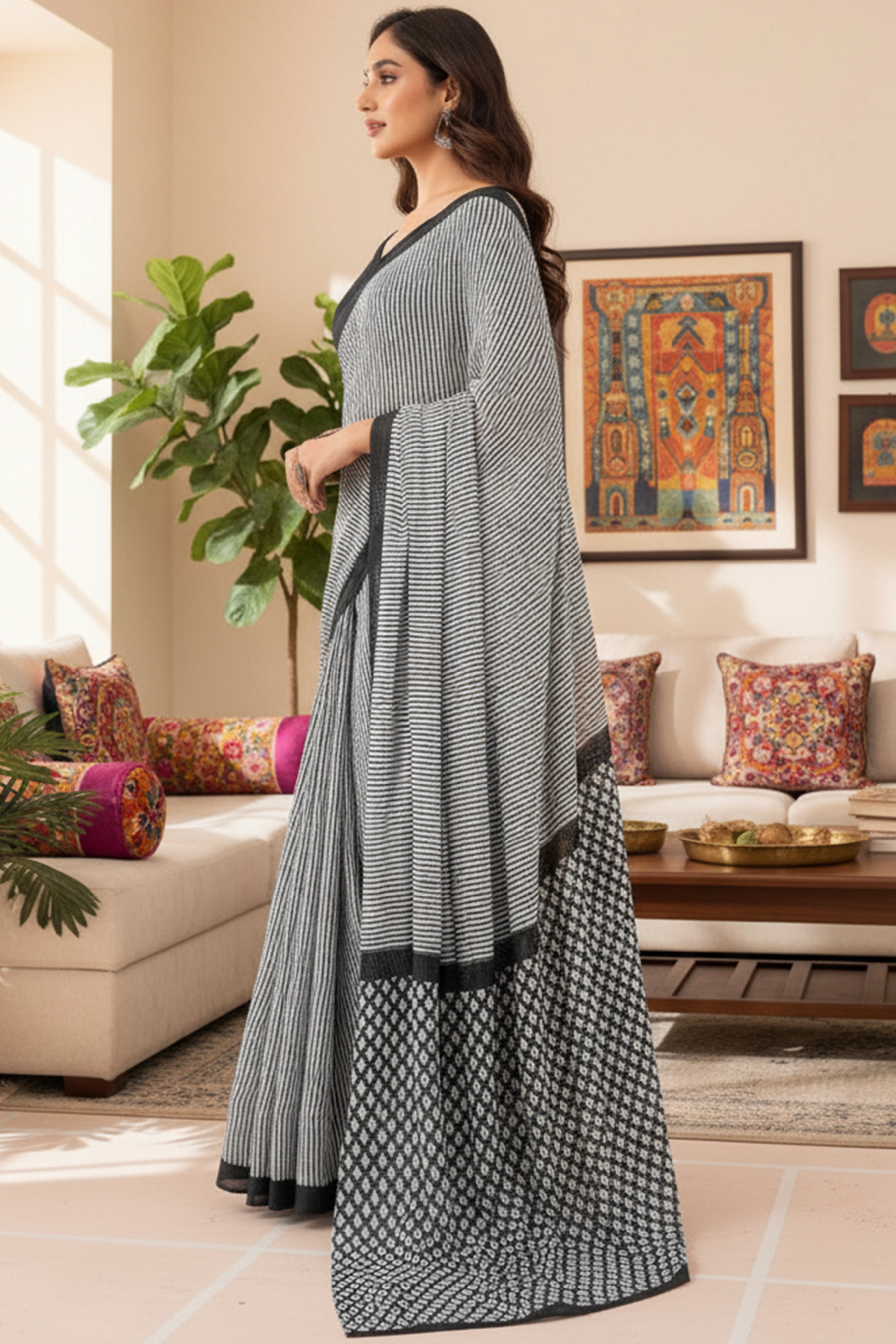 Trending Soft Cotton Printed Saree with Stripe Body & Geometric Designer Pallu