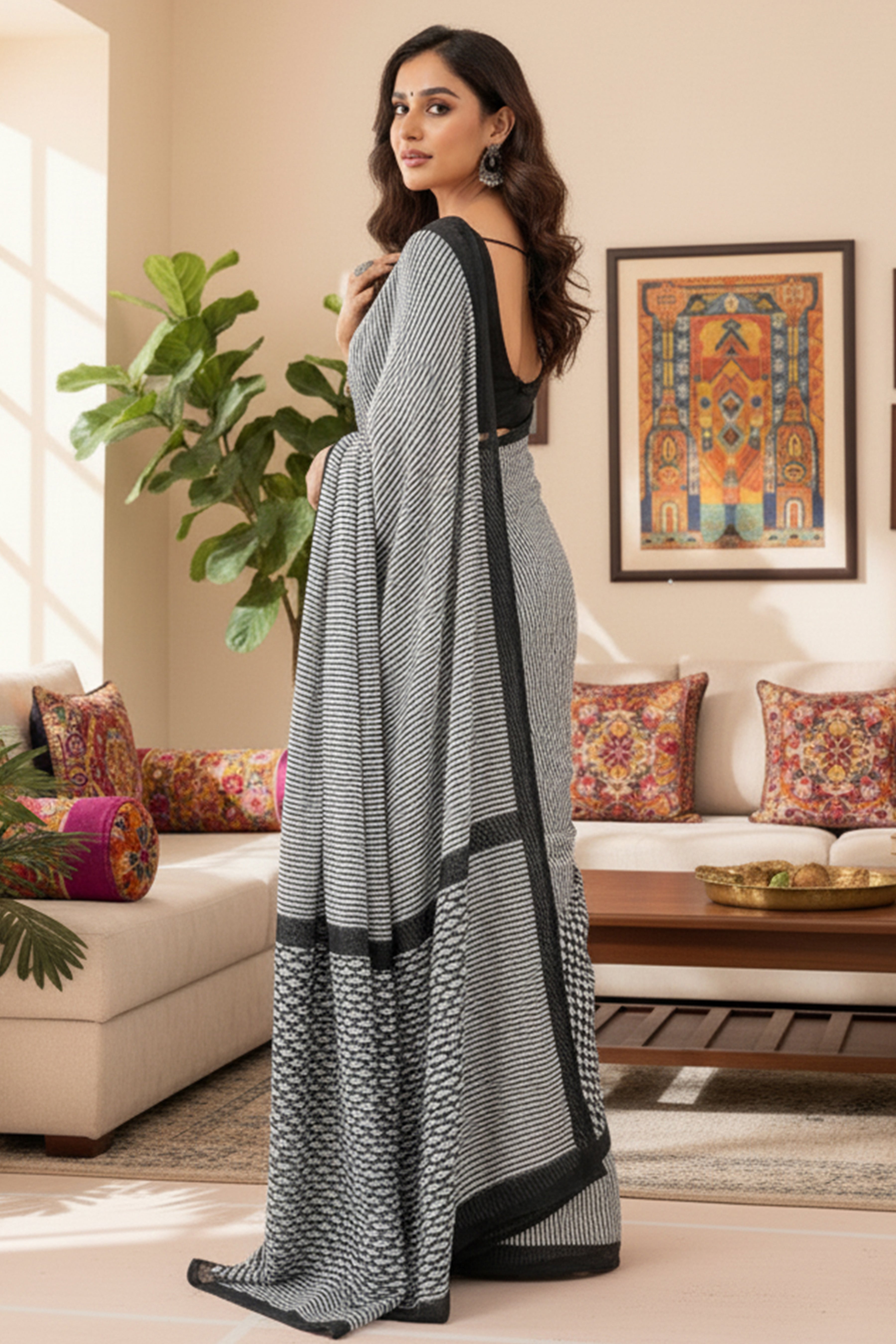Trending Soft Cotton Printed Saree with Stripe Body & Geometric Designer Pallu