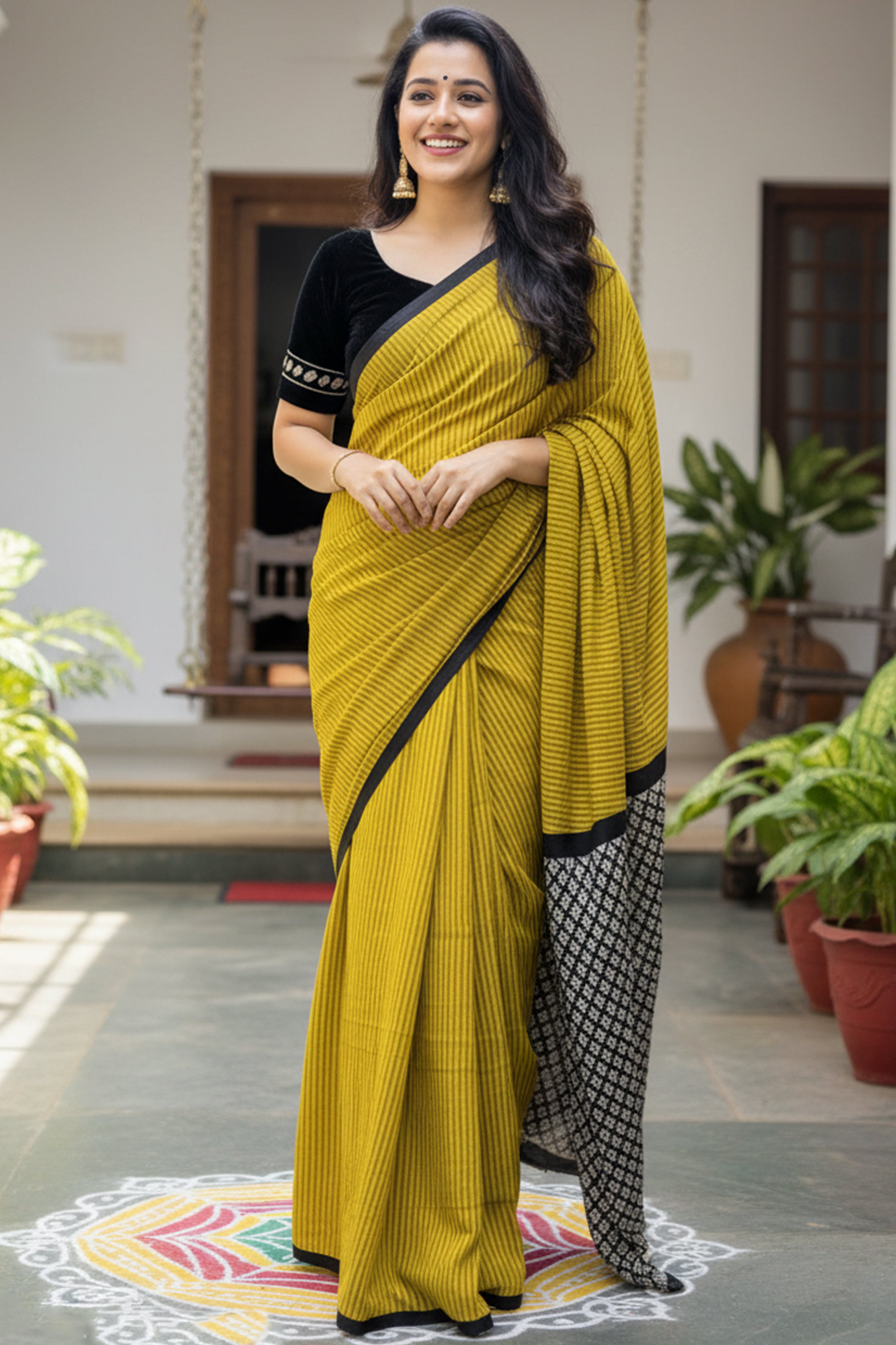 Trending Soft Cotton Printed Saree with Stripe Body & Geometric Designer Pallu mustard