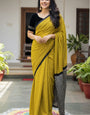 Trending Soft Cotton Printed Saree with Stripe Body & Geometric Designer Pallu mustard