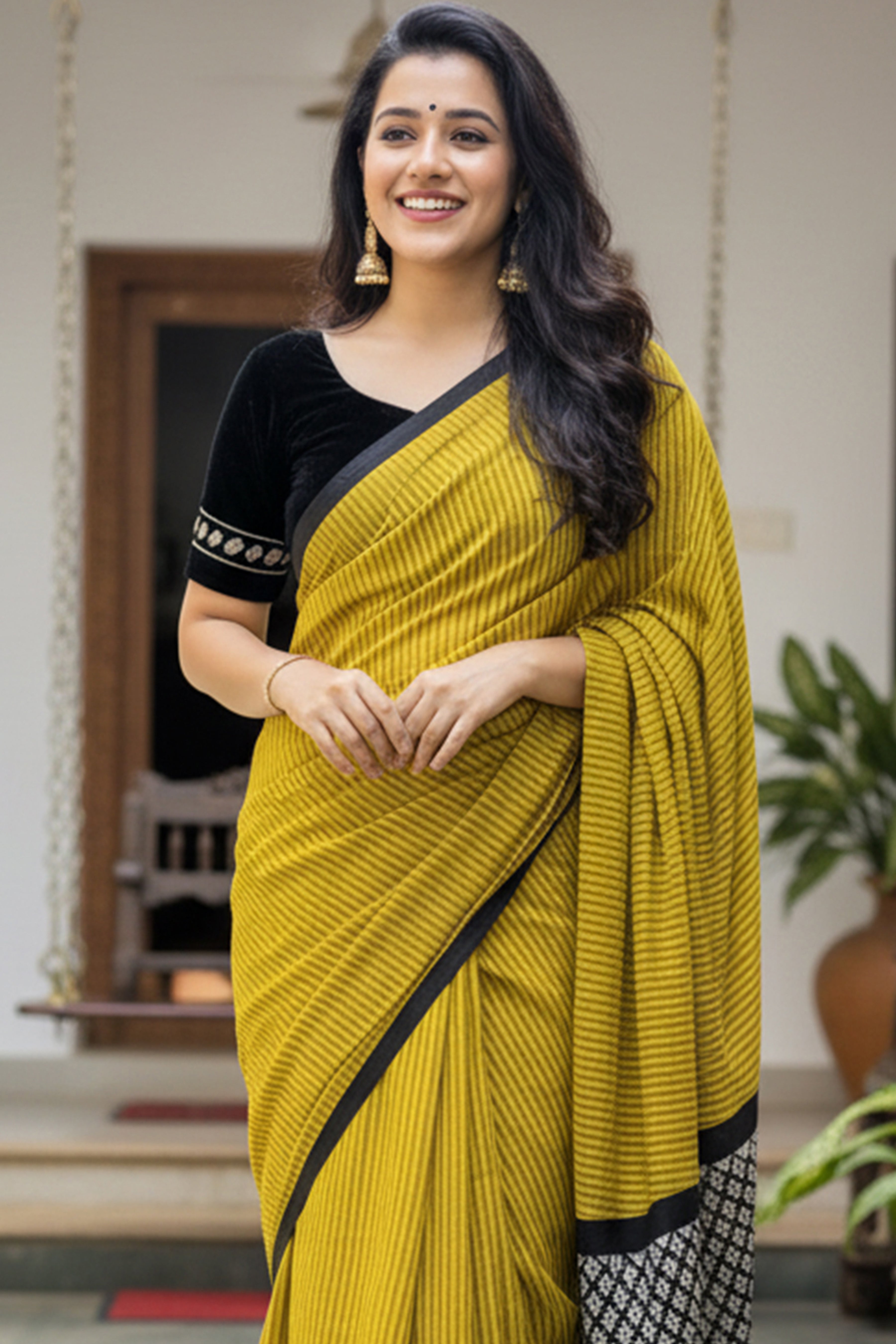 Trending Soft Cotton Printed Saree with Stripe Body & Geometric Designer Pallu mustard