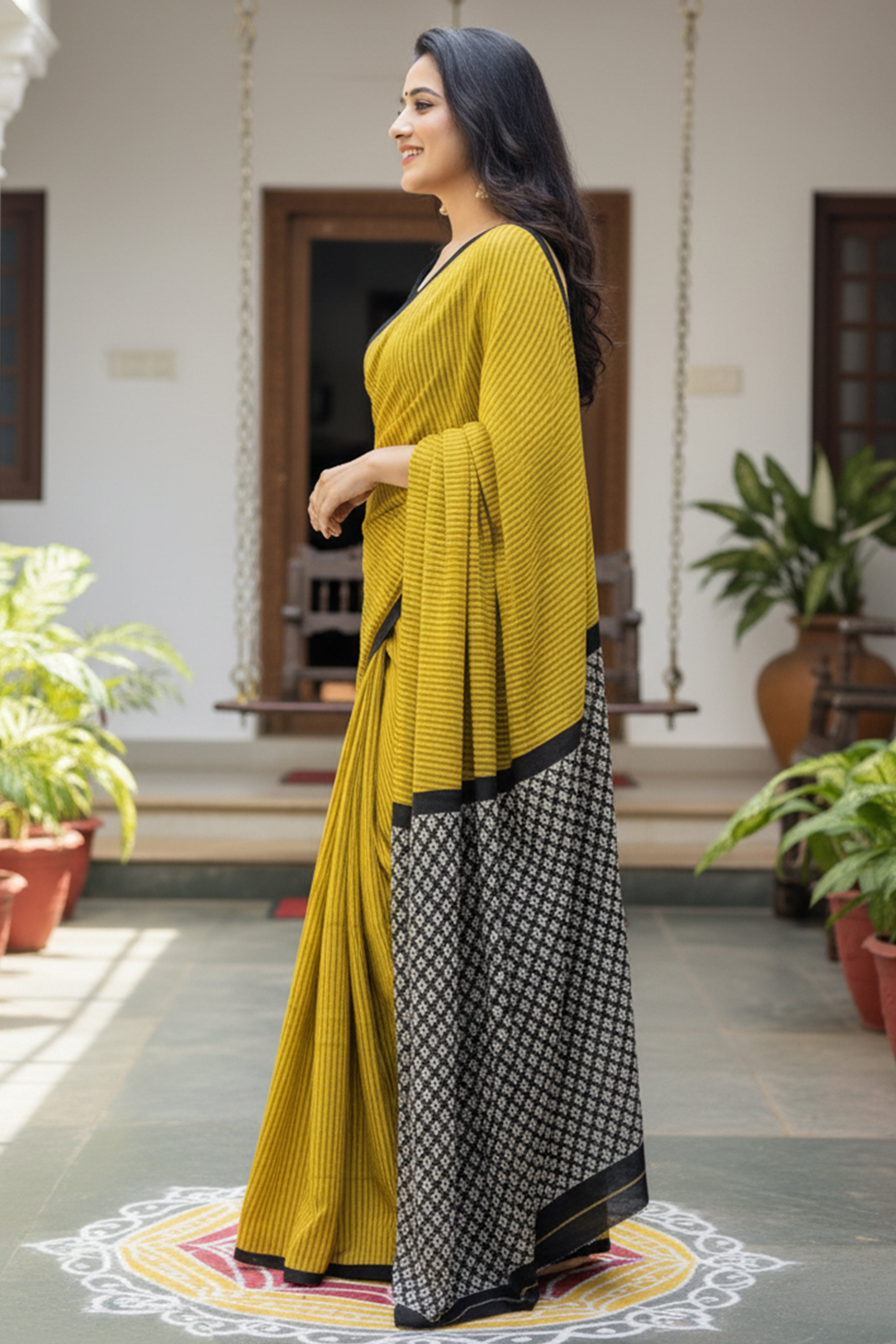 Trending Soft Cotton Printed Saree with Stripe Body & Geometric Designer Pallu mustard