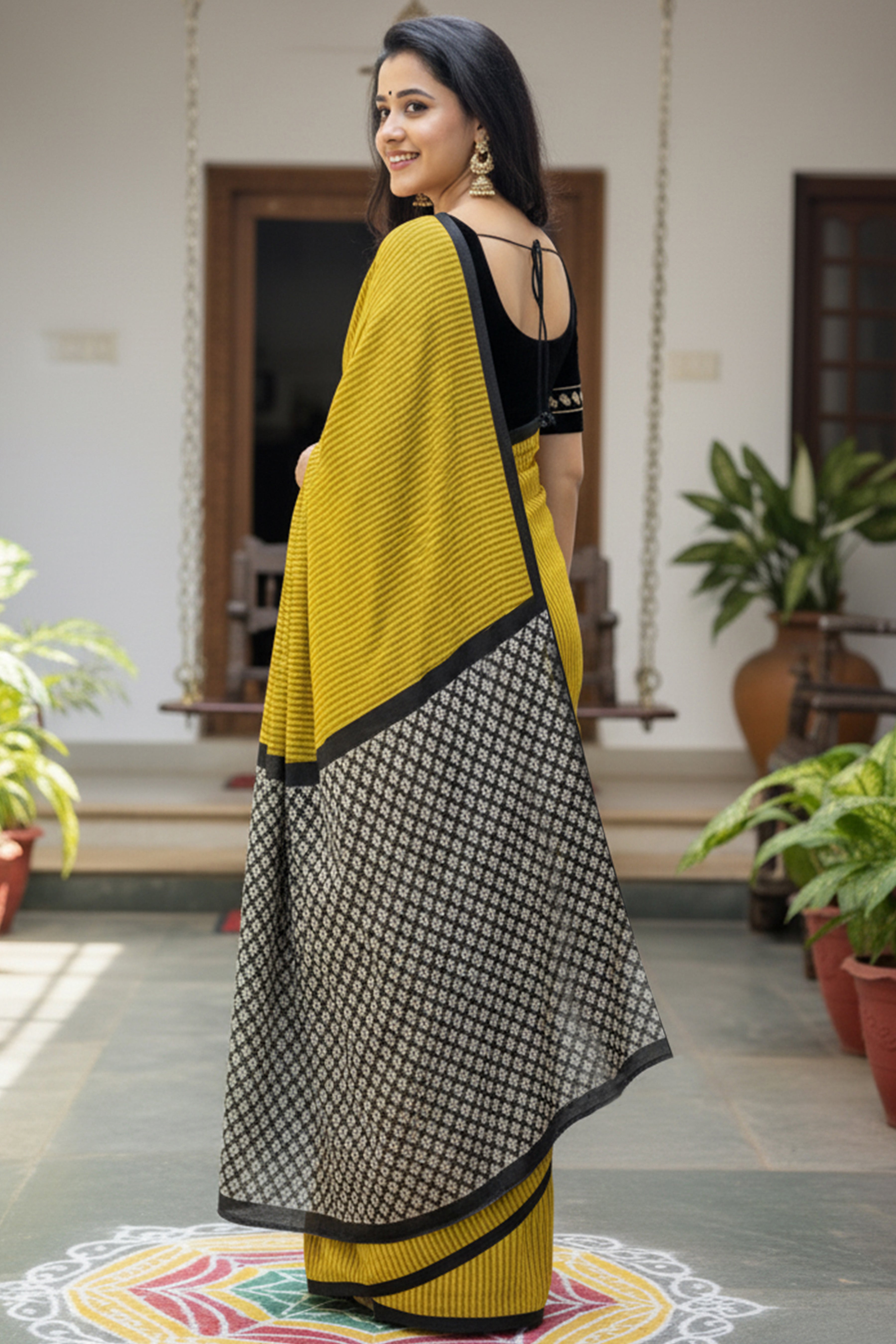 Trending Soft Cotton Printed Saree with Stripe Body & Geometric Designer Pallu mustard