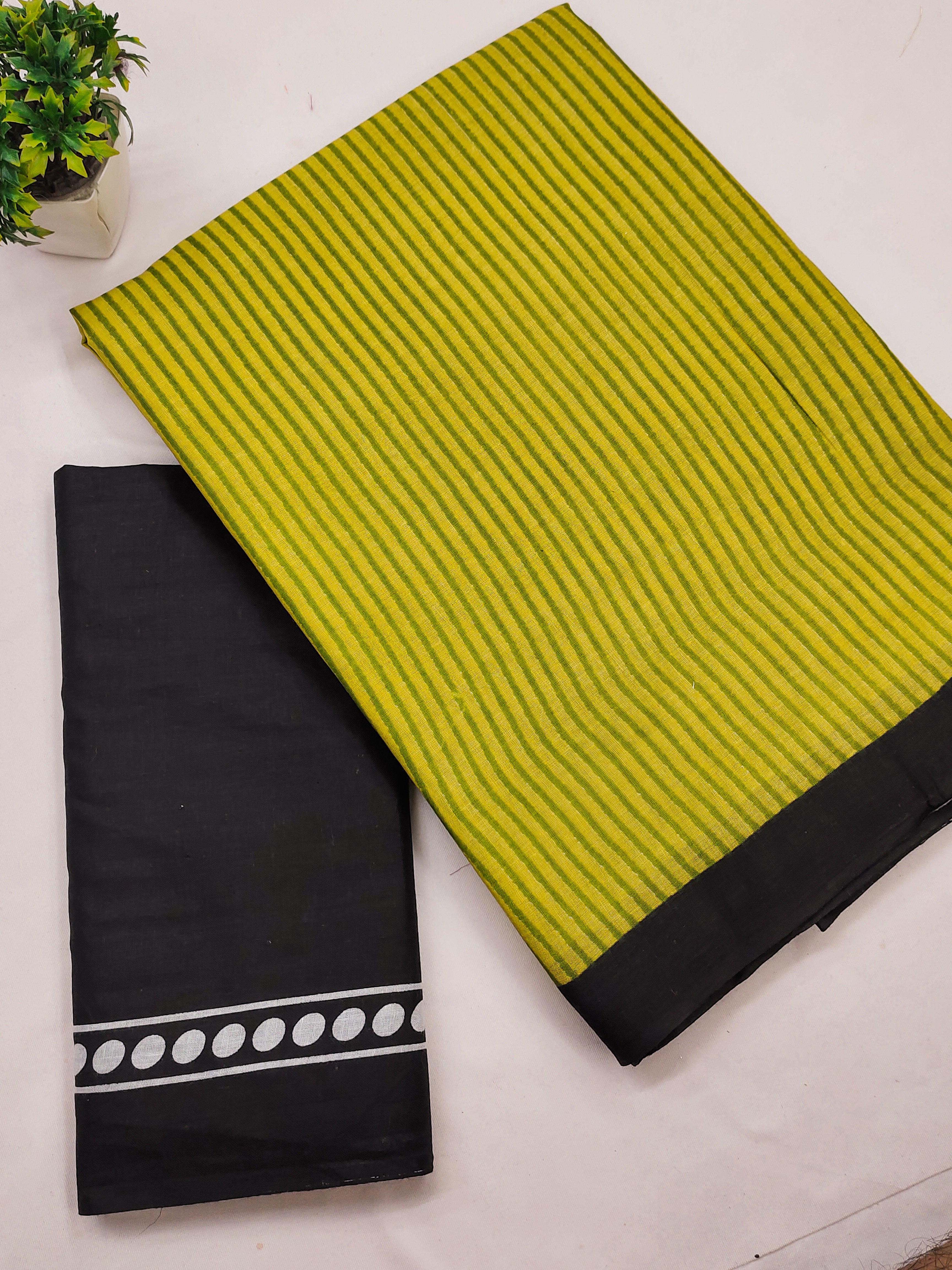 Trending Soft Cotton Printed Saree with Stripe Body & Geometric Designer Pallu mustard