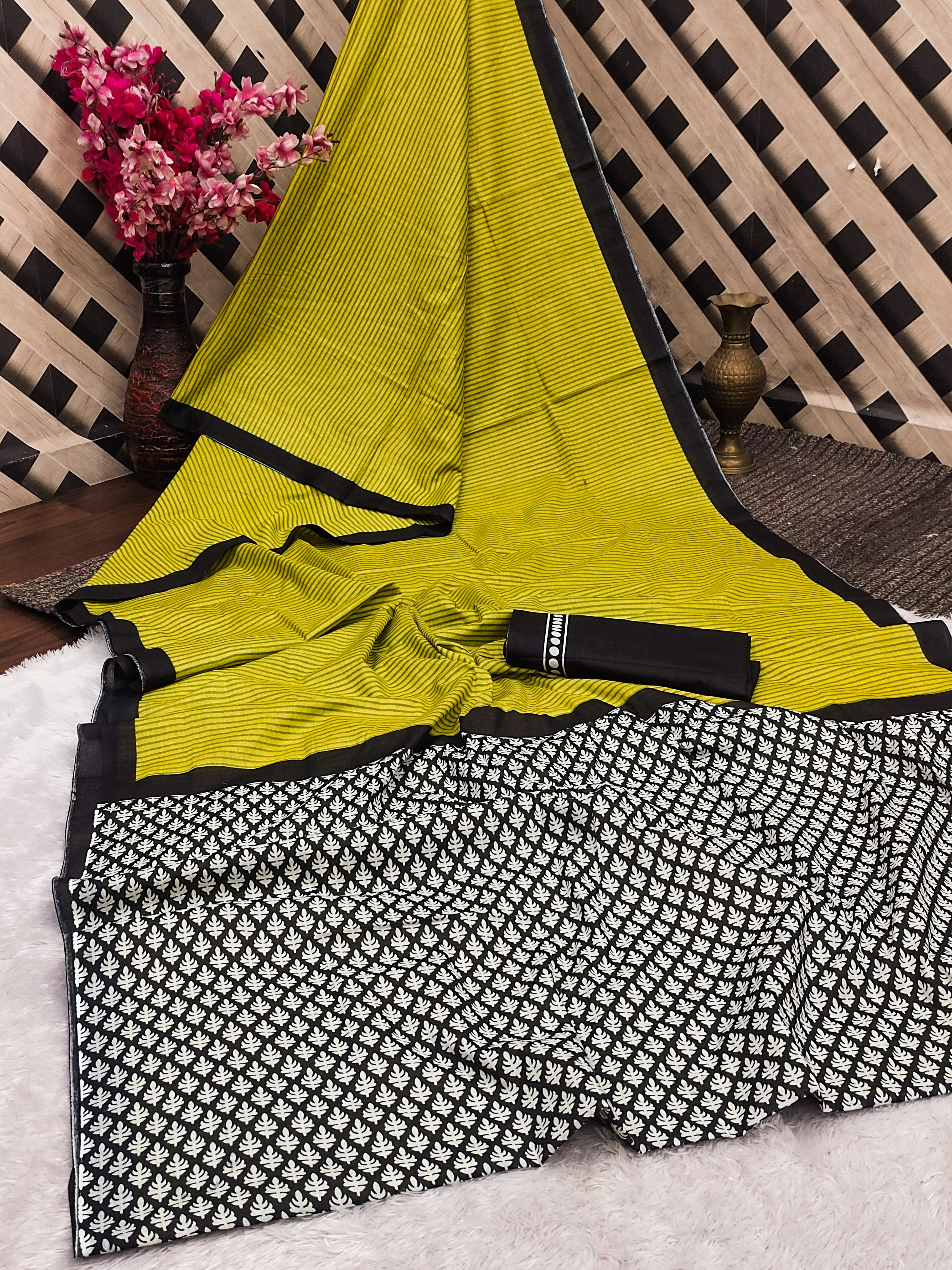 Trending Soft Cotton Printed Saree with Stripe Body & Geometric Designer Pallu mustard