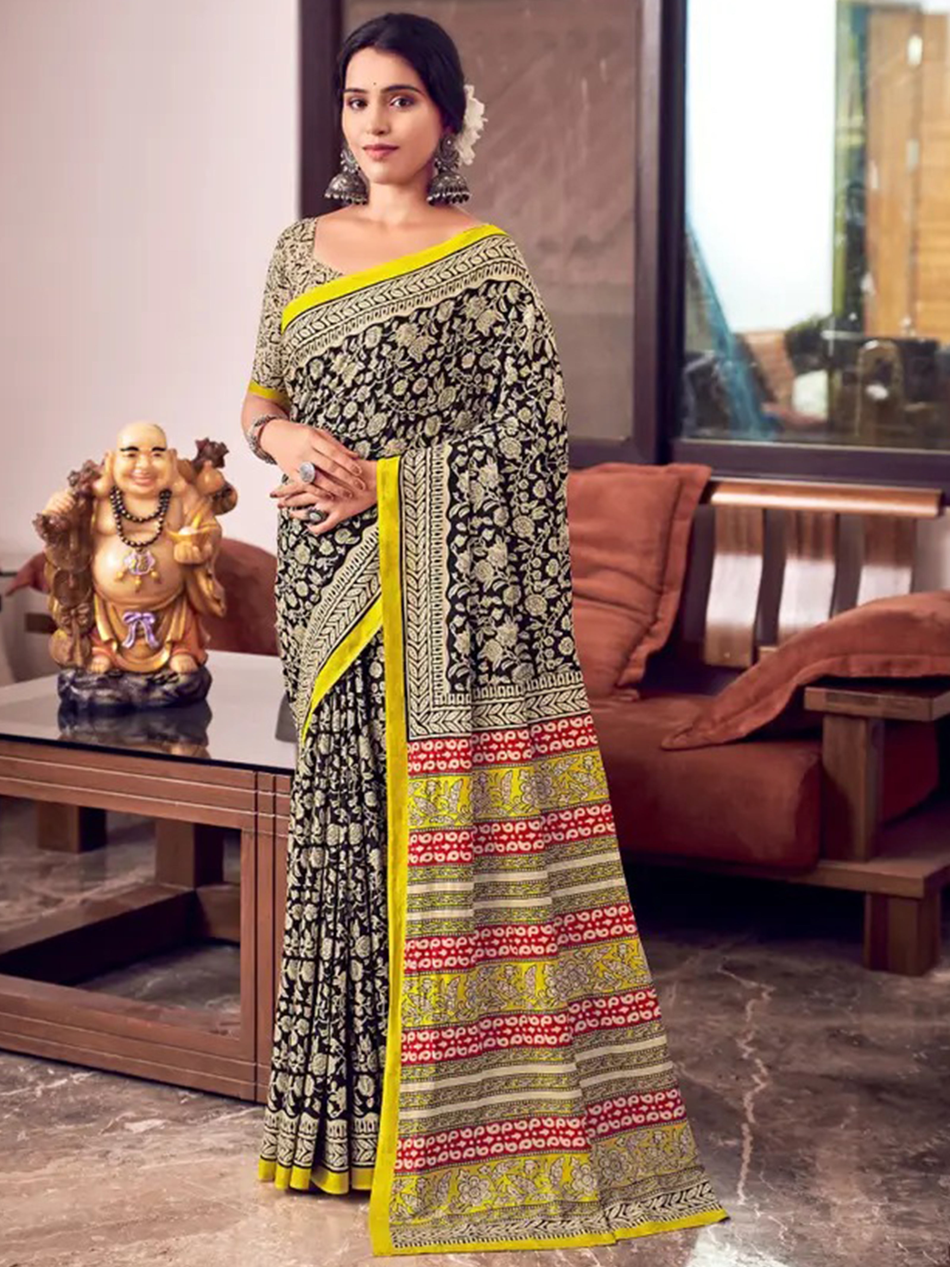 Bagru block print soft cotton saree with blouse piece