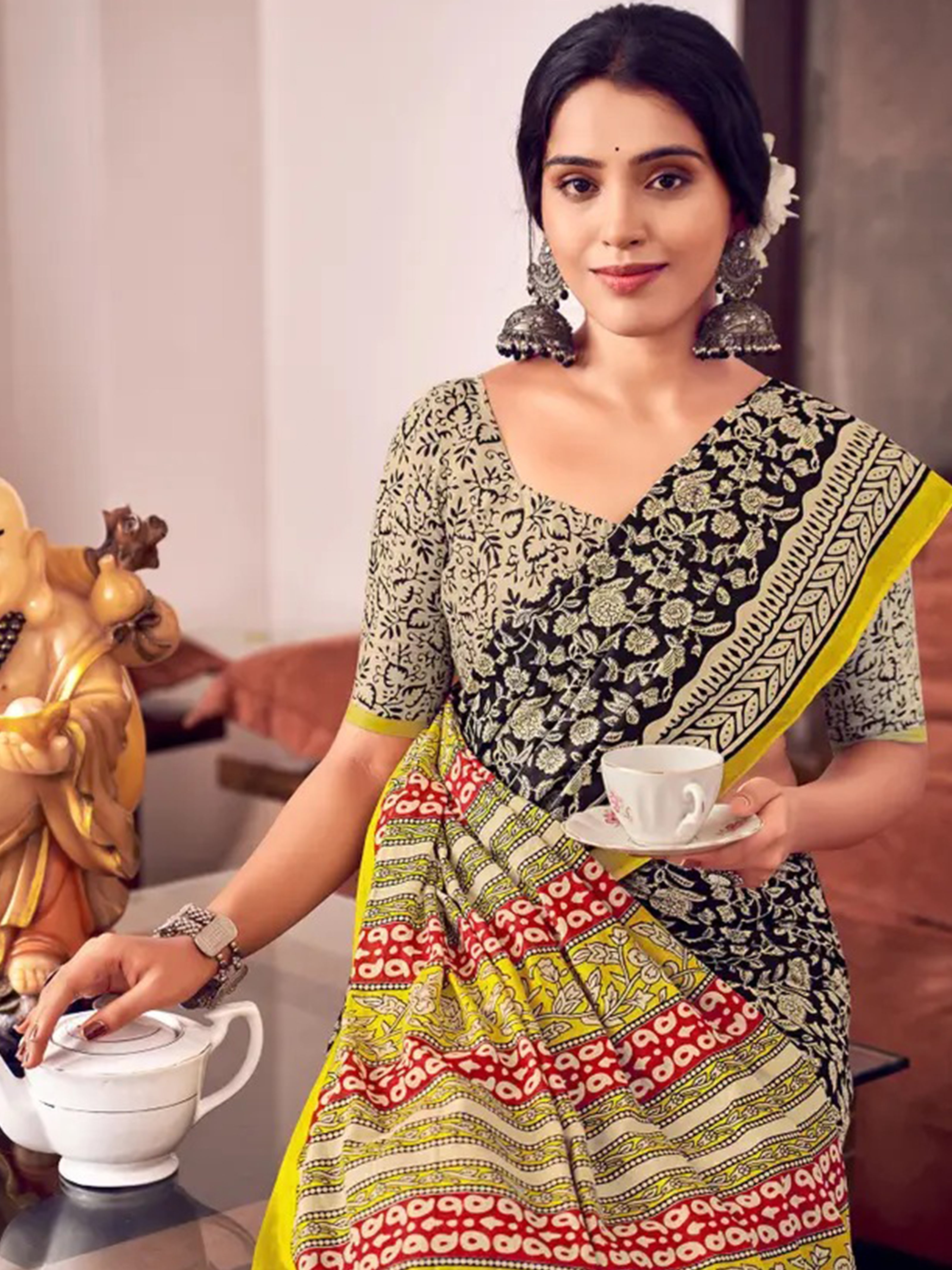 Bagru block print soft cotton saree with blouse piece