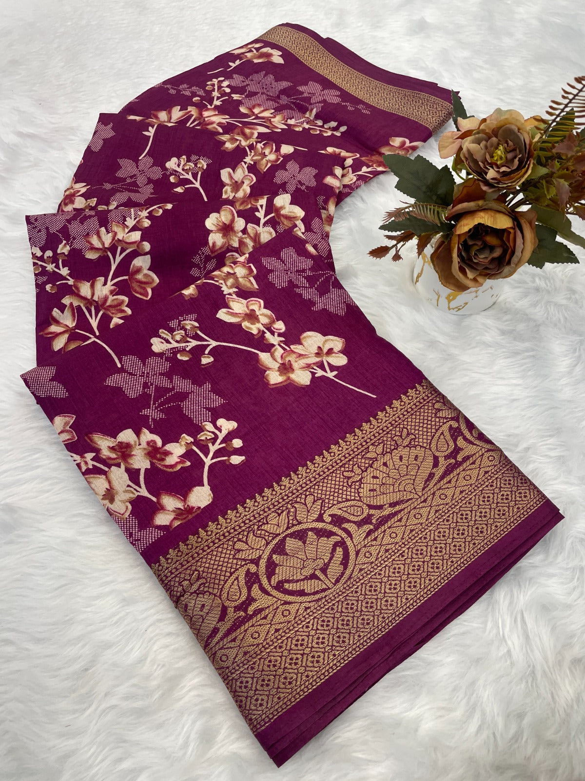 Wine Printed Dola Silk Saree With jacquard border and blouse piece