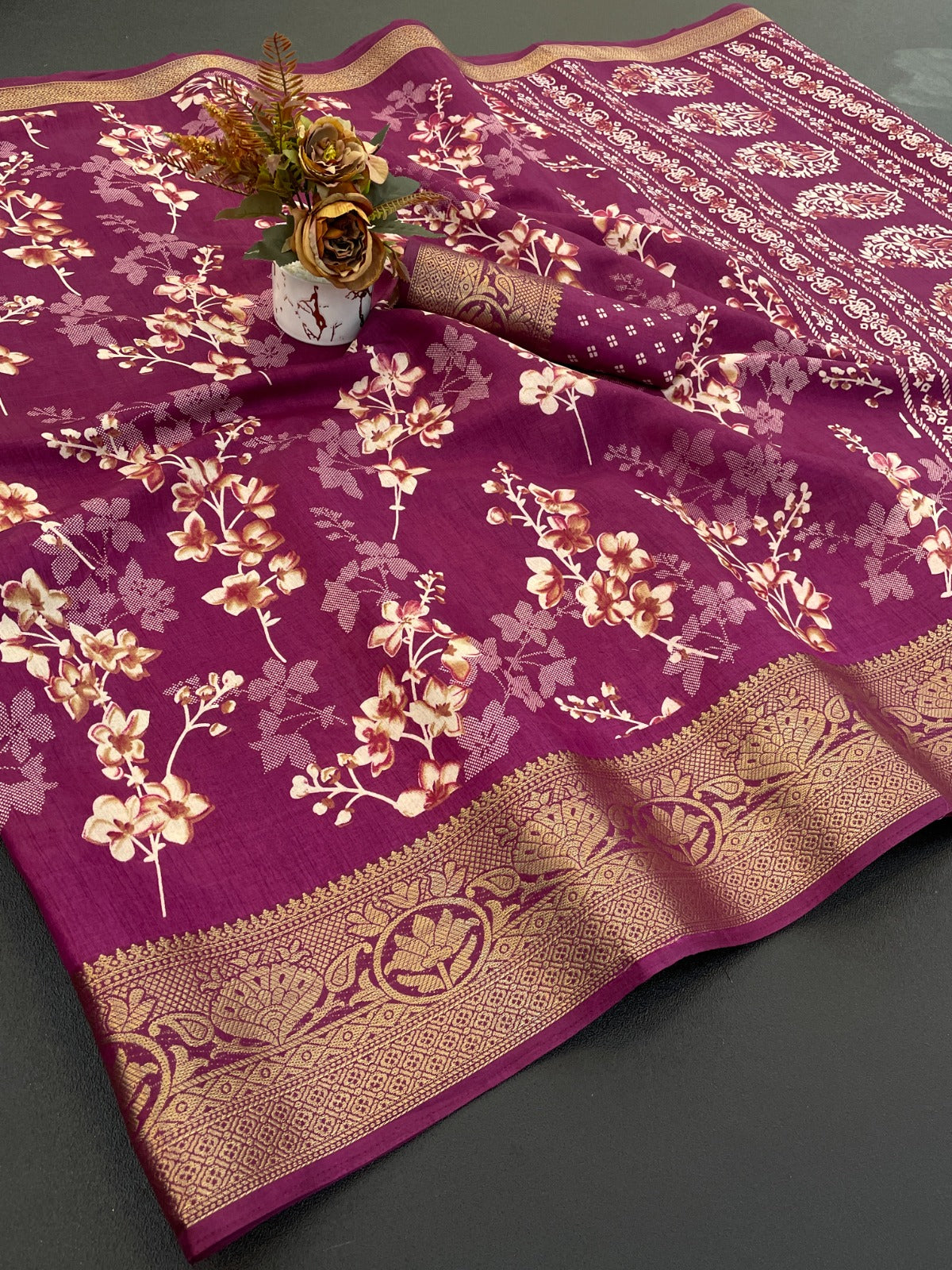 Wine Printed Dola Silk Saree With jacquard border and blouse piece