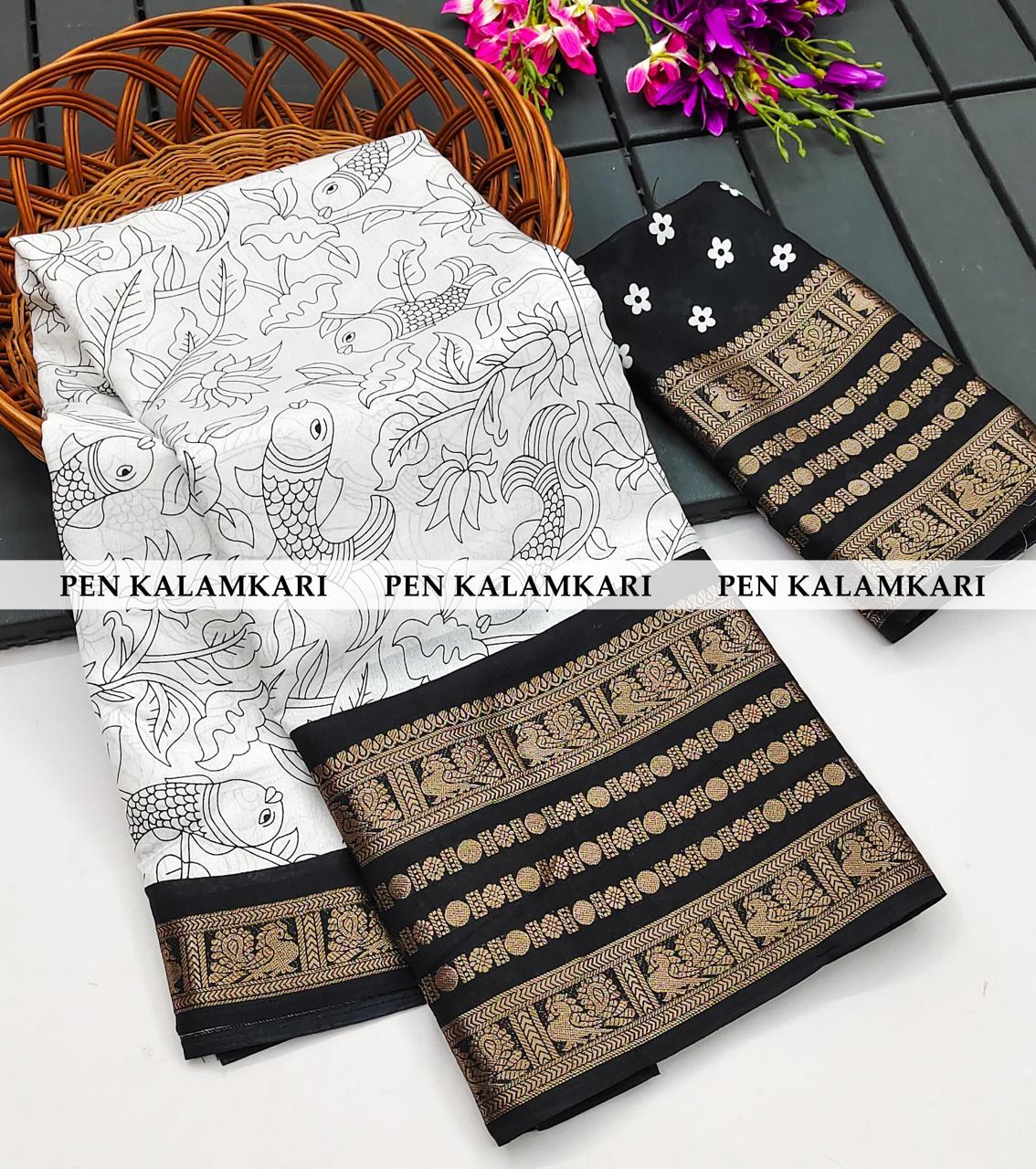 Kalamkari Printed Dola Silk Saree With jacquard border and blouse piece-whiteblack
