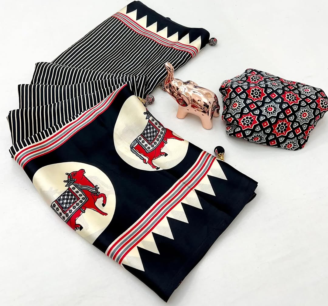 Ajrakh Printed Dola Silk Saree With blouse piece-blackwhite