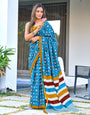 2-Minute Ready-to-Wear Soft Cotton Printed Saree with Playful Motif Design & Contrast Striped Pallu – Lightweight Daily Wear Saree