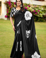 Elegant Black Soft Cotton Saree with Bold White Floral Design