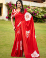 Elegant Red Soft Cotton Saree with Bold White Floral Design