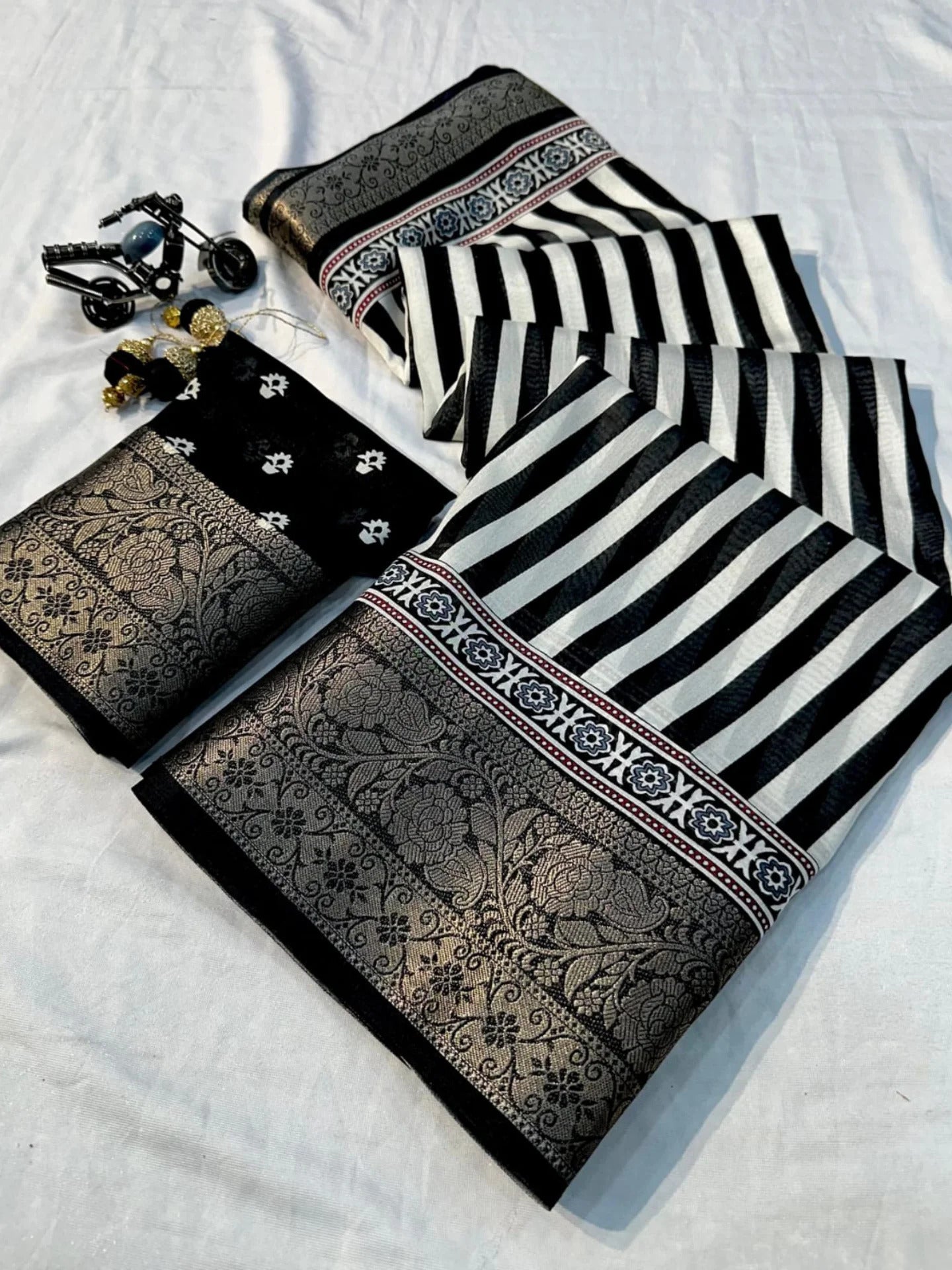 Ajrakh Printed Dola Silk Saree With jacquard border and blouse piece-black