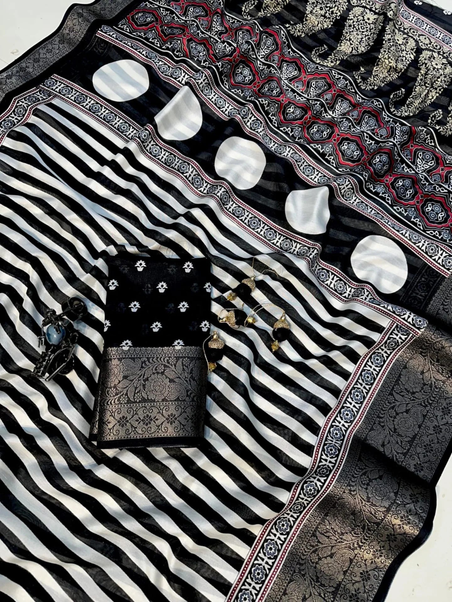 Ajrakh Printed Dola Silk Saree With jacquard border and blouse piece-black