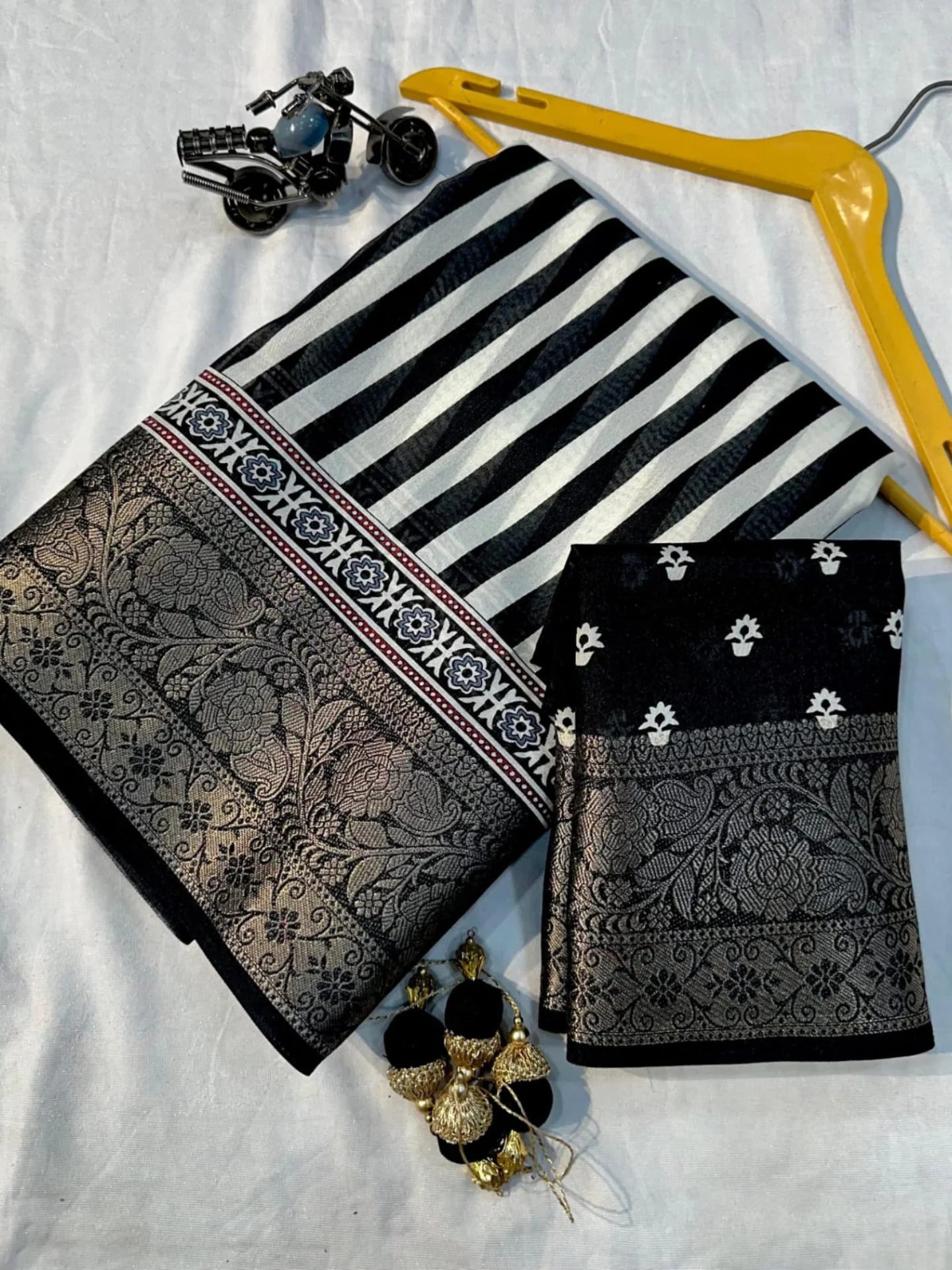 Ajrakh Printed Dola Silk Saree With jacquard border and blouse piece-black