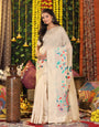 Cotton Linen Saree with Majestic Peacock Pallu & Premium Woven Zari Border- cream