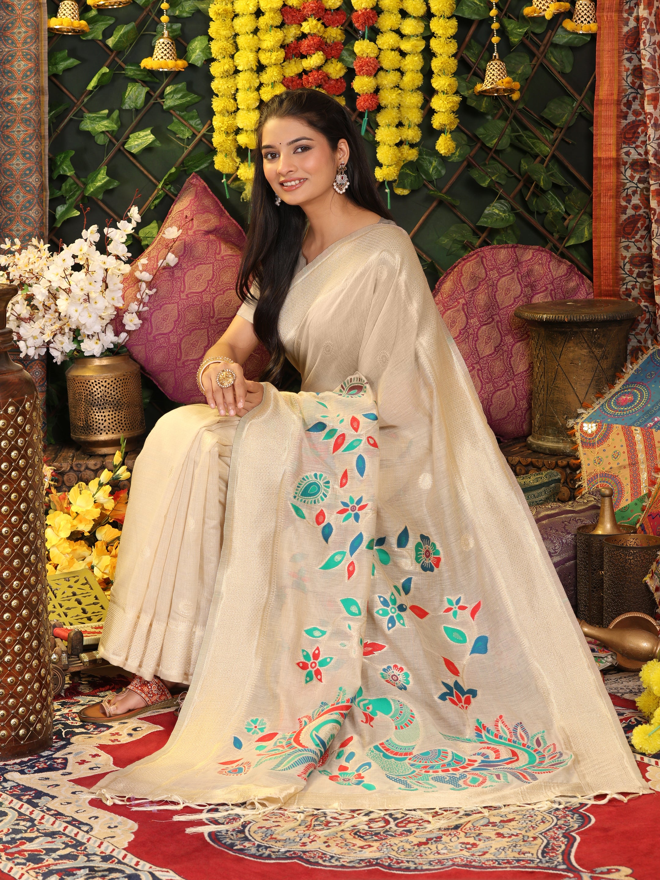 Cotton Linen Saree with Majestic Peacock Pallu & Premium Woven Zari Border- cream