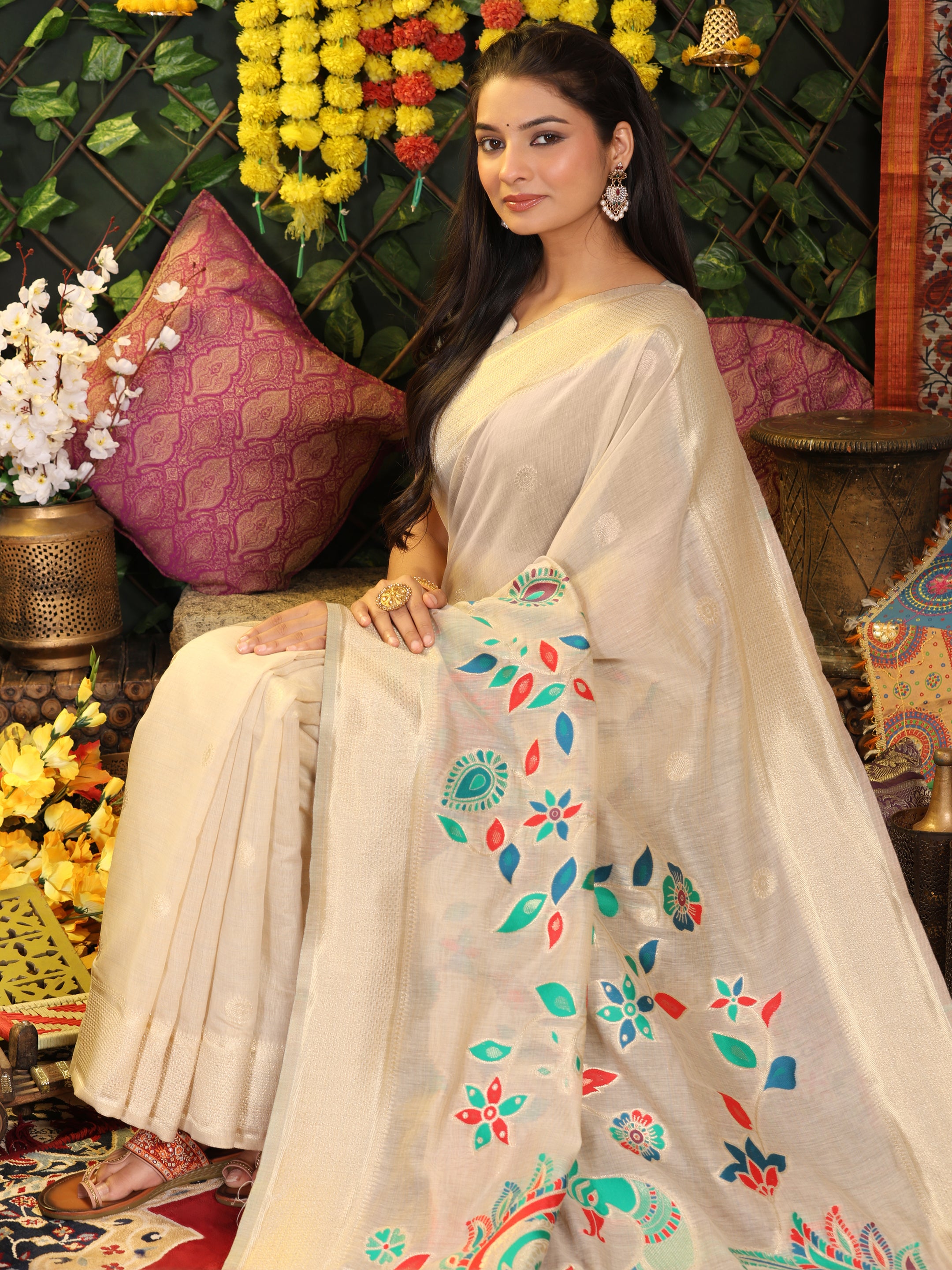 Cotton Linen Saree with Majestic Peacock Pallu & Premium Woven Zari Border- cream