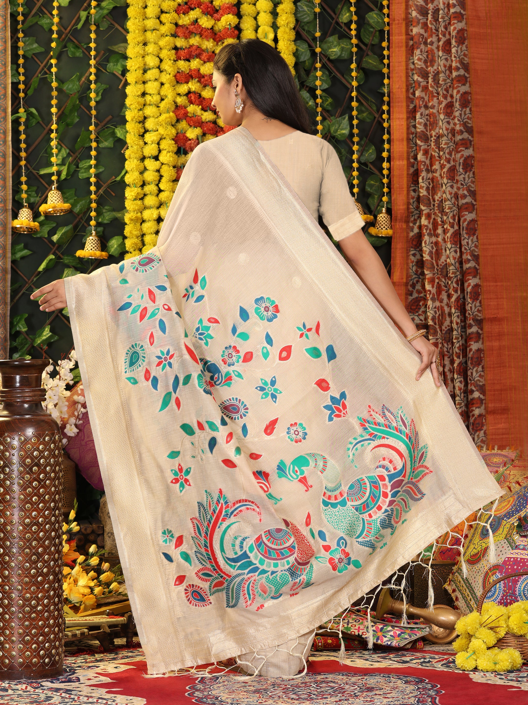 Cotton Linen Saree with Majestic Peacock Pallu & Premium Woven Zari Border- cream