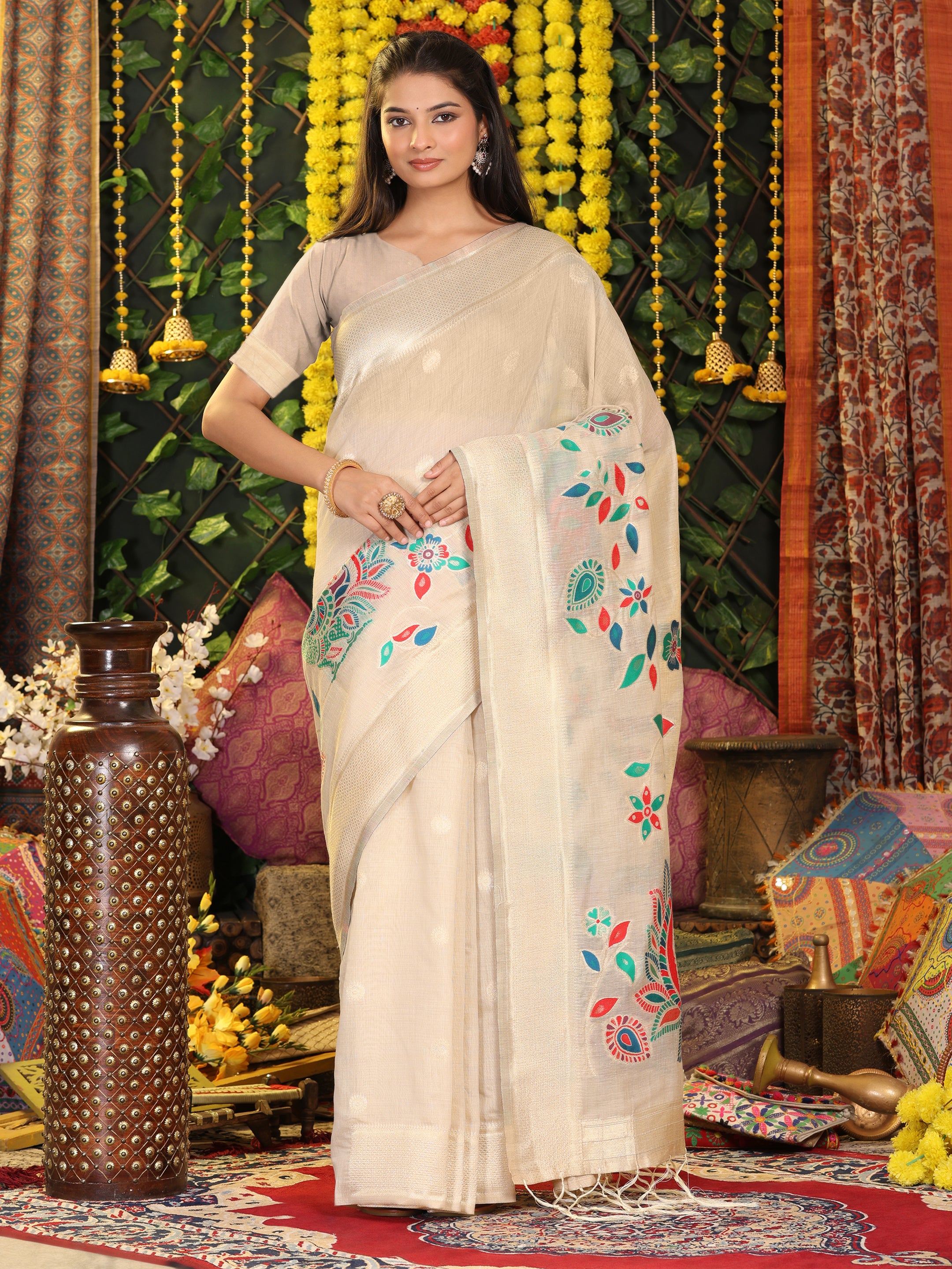 Cotton Linen Saree with Majestic Peacock Pallu & Premium Woven Zari Border- cream