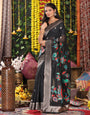 Cotton Linen Saree with Majestic Peacock Pallu & Premium Woven Zari Border- black